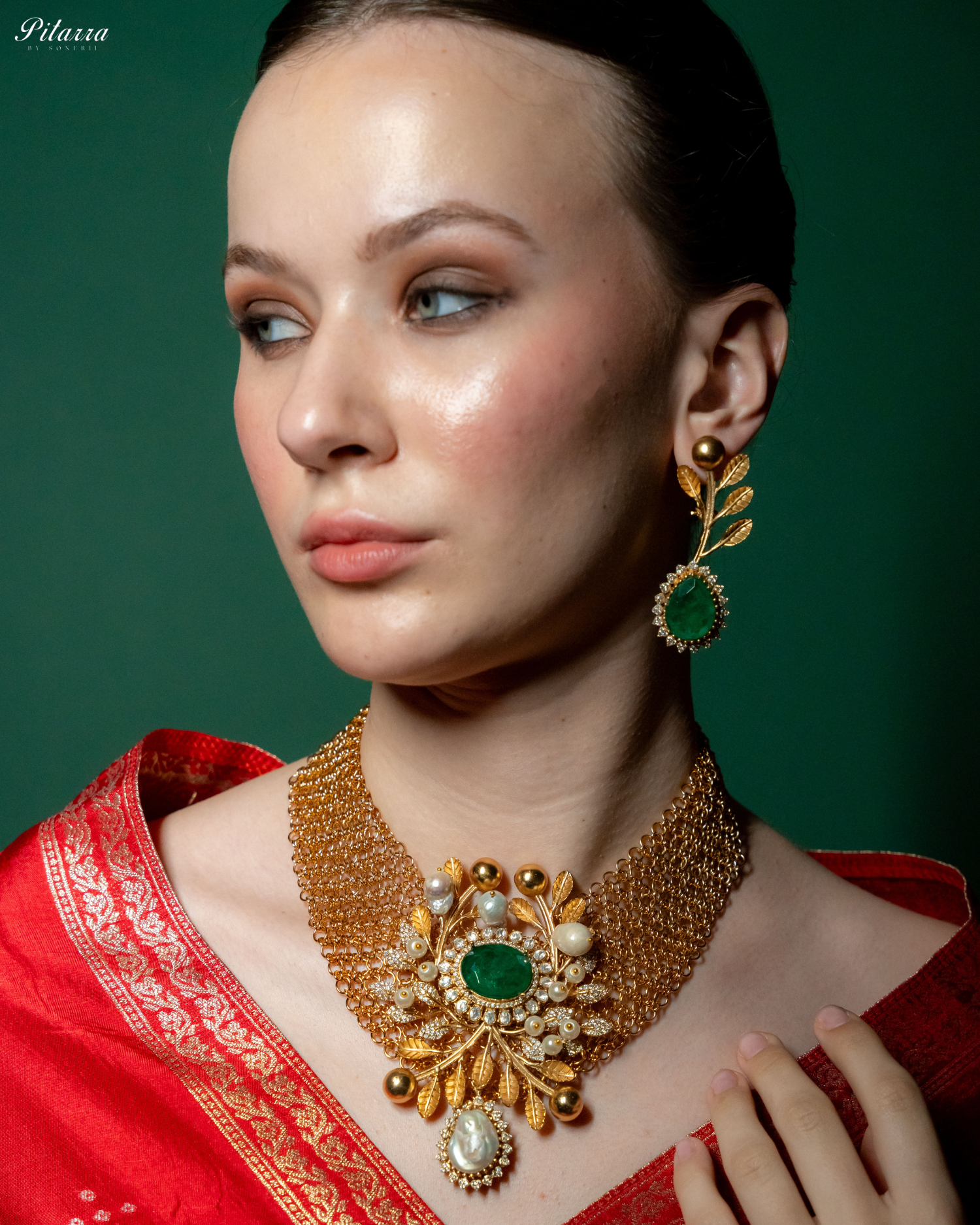 Green Crystal Indo Western Necklace Set_Side Image