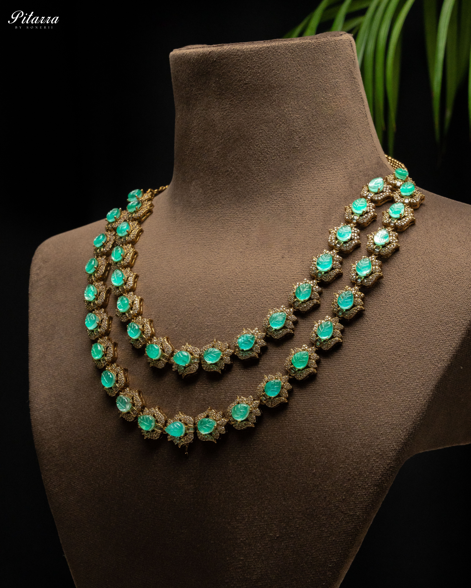 Green Cubic Zicronia Double Layer Traditional Long Necklace Set Side Angle Shoot