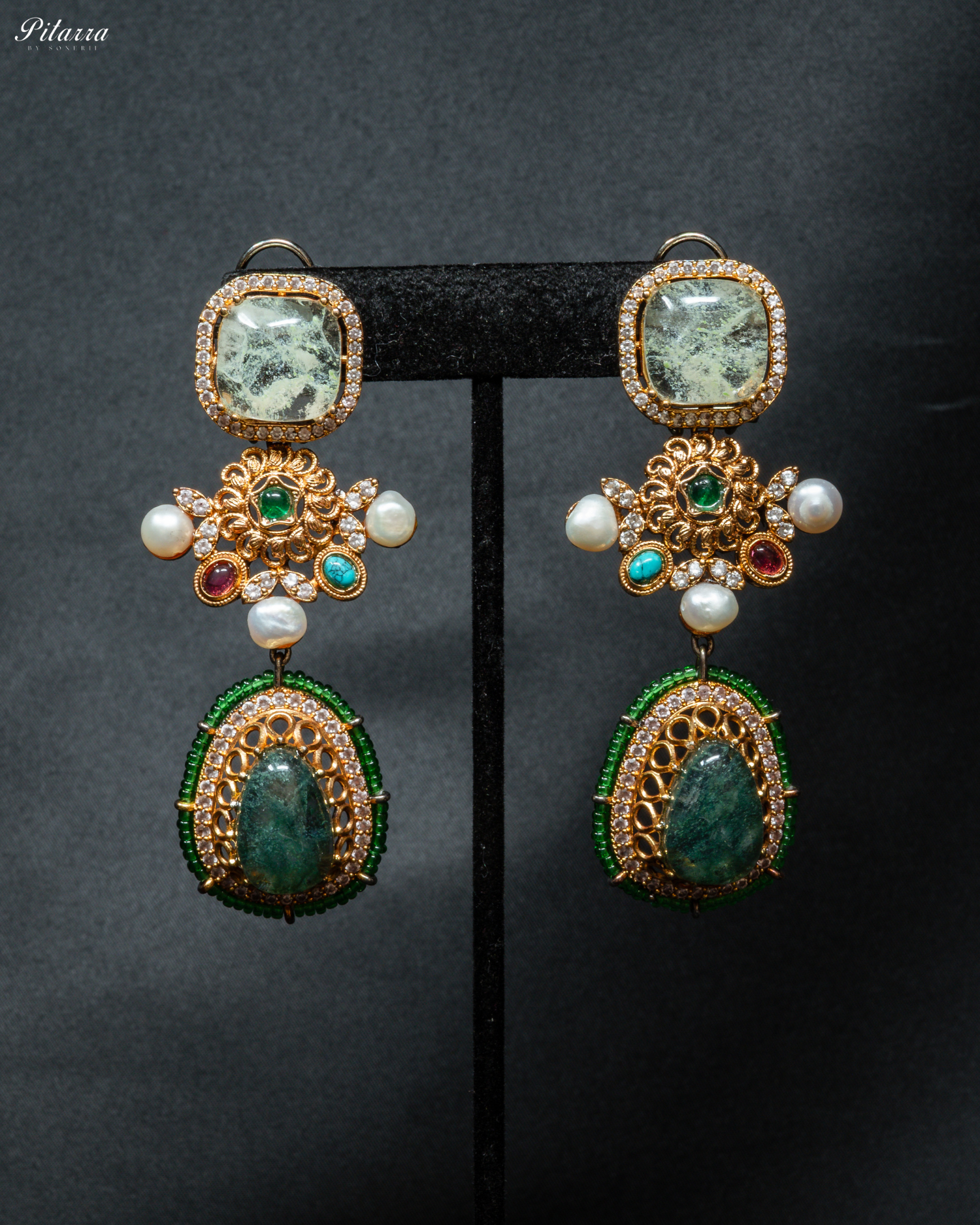 Green Doublet with Navaratna Choker Set_Earrings