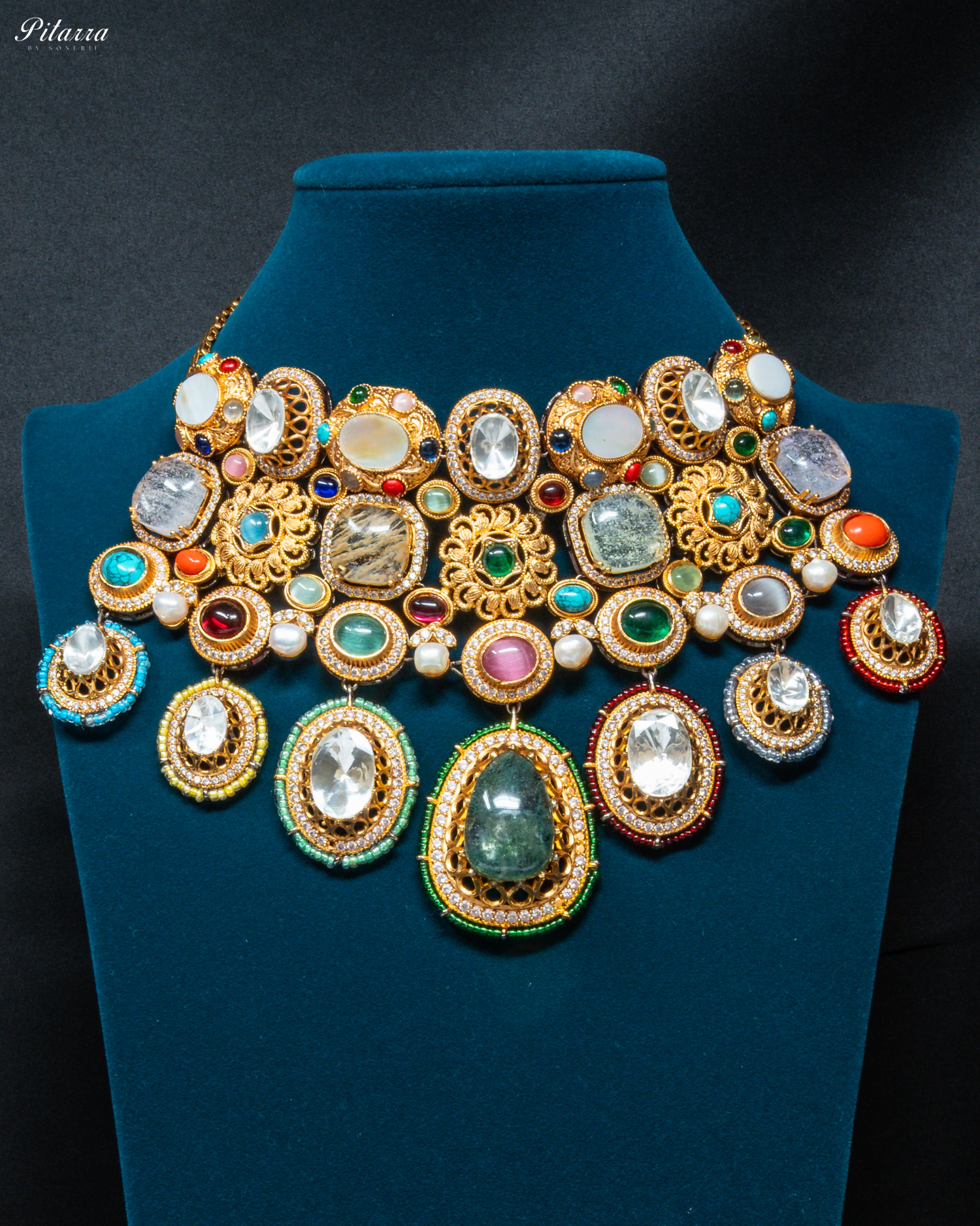 Green Doublet with Navaratna Choker Set_Front Image