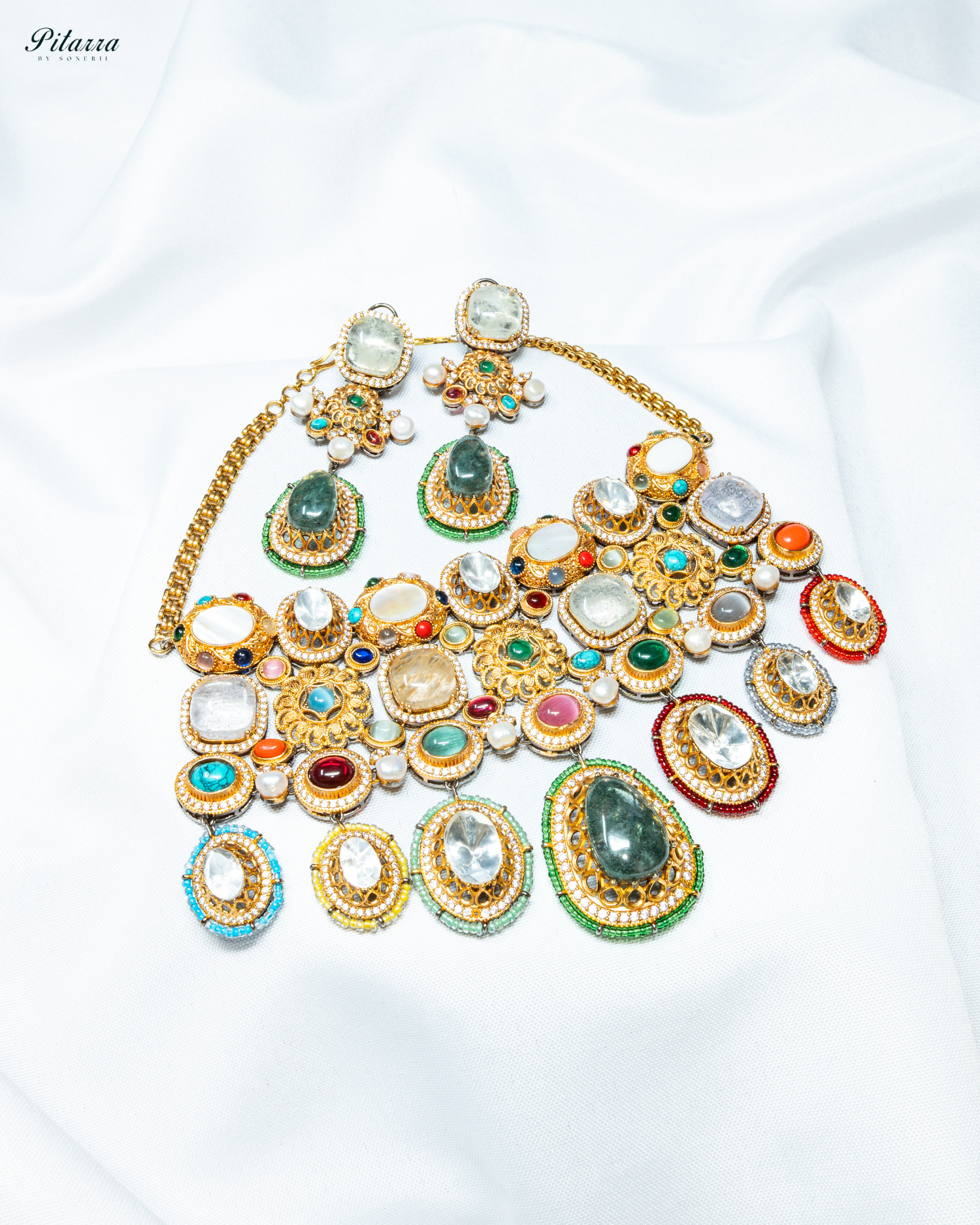 Green Doublet with Navaratna Choker Set_White Background