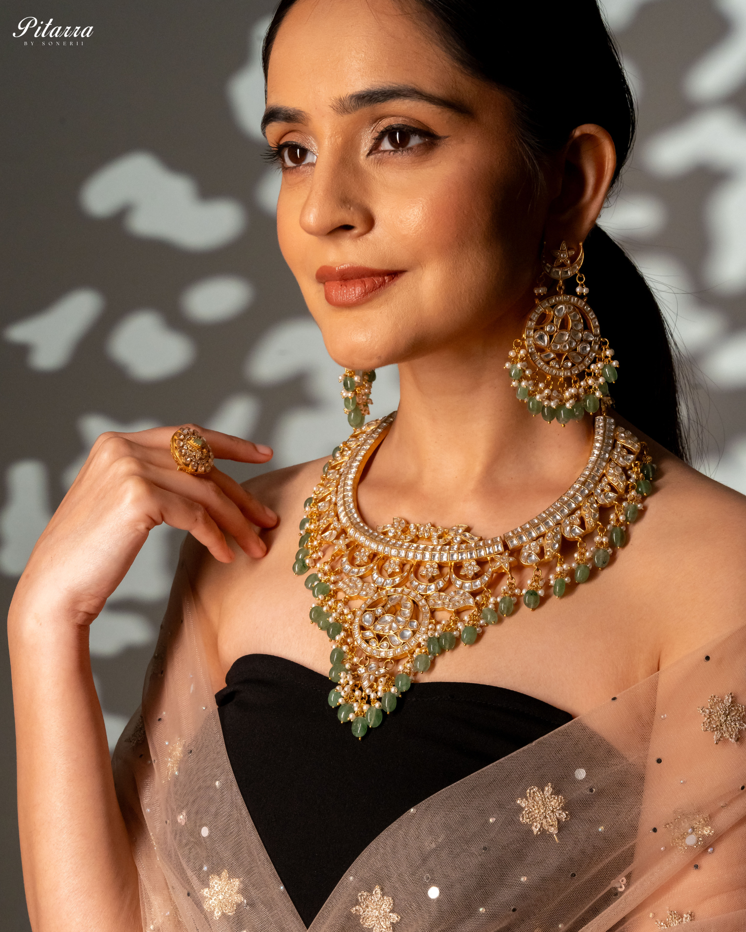 Green Gold Plated Jadau Traditional Kundan Necklace Set Model Shoot