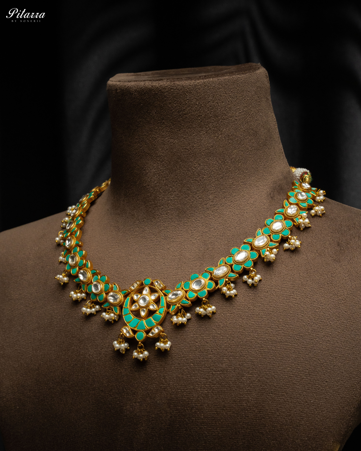 Green Gold Plated Traditional Kundan Necklace Set-Side Angle
