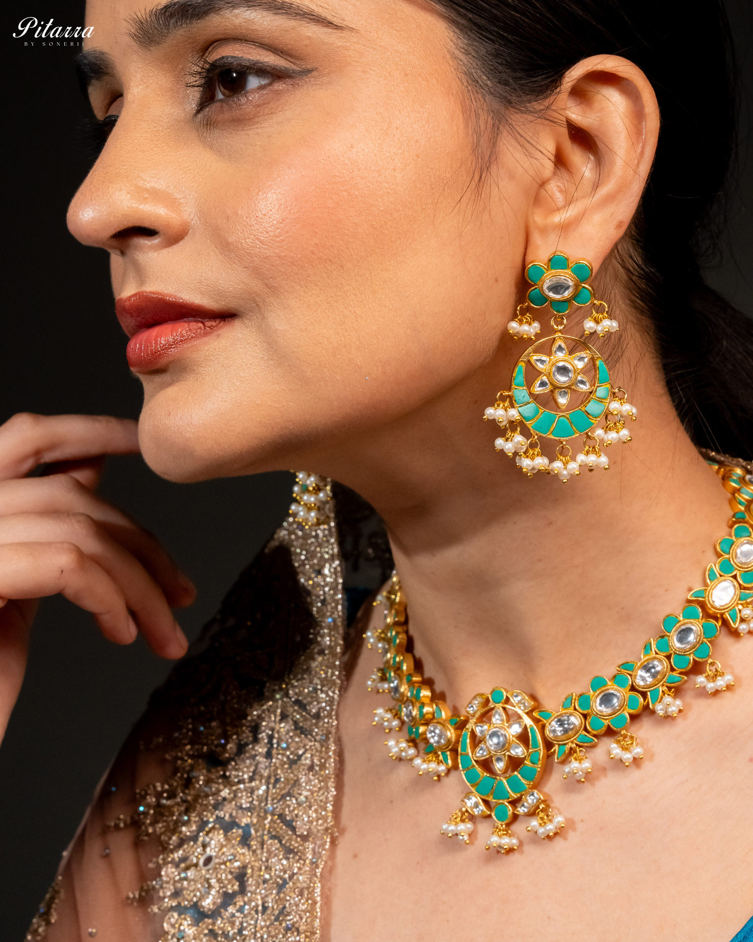 Green Gold Plated Traditional Kundan Necklace Set-Side Angle Shoot