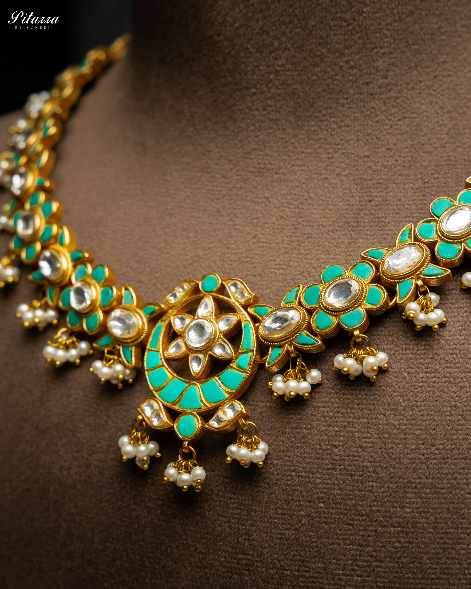 Green Gold Plated Traditional Kundan Necklace Set-Zoom Angle