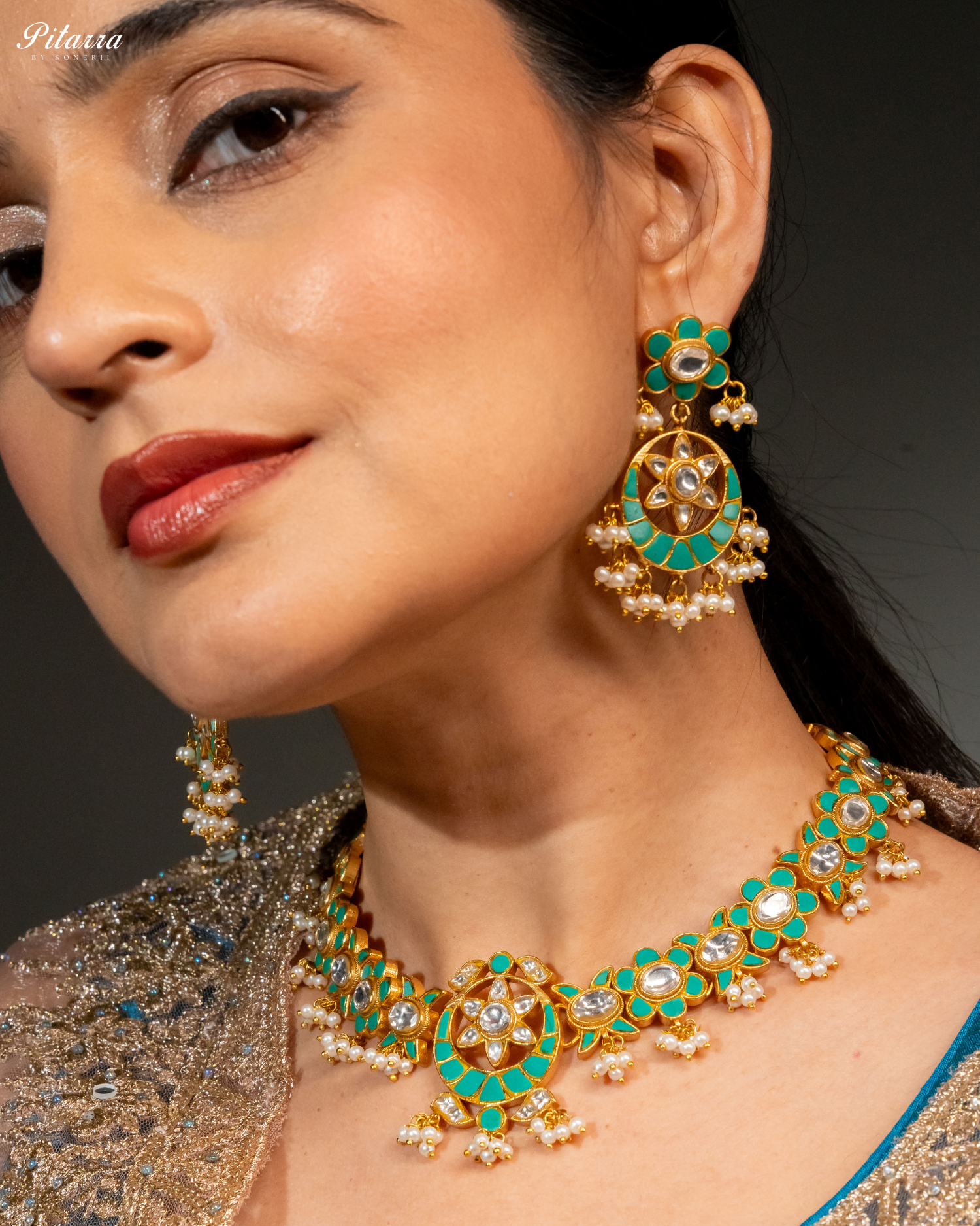 Green Gold Plated Traditional Kundan Necklace Set-Zoom Angle Shoot