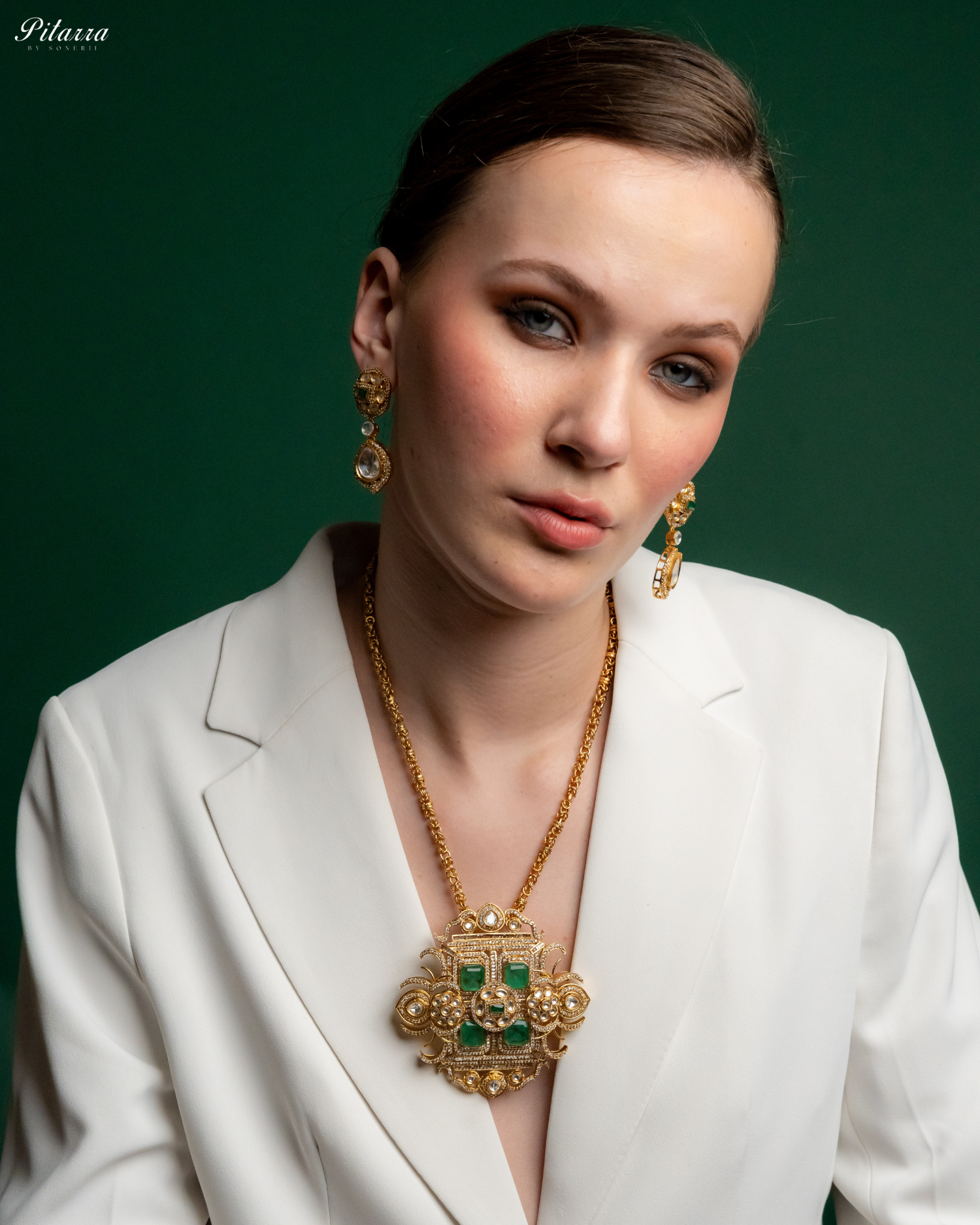 Green Moissanite Stone Long Necklace Set_Side Image