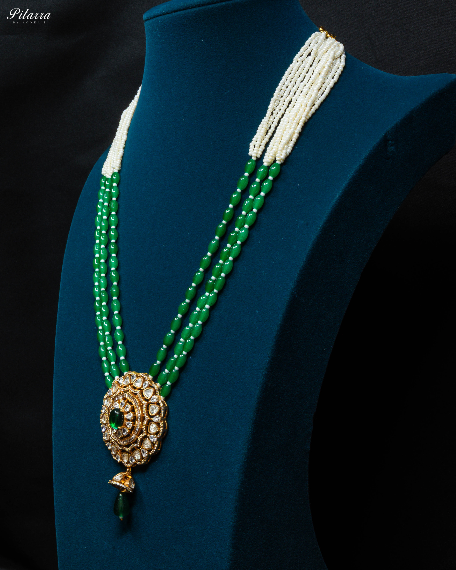 Green Multi Layered Beads Long Kundan Necklace_Side Angle