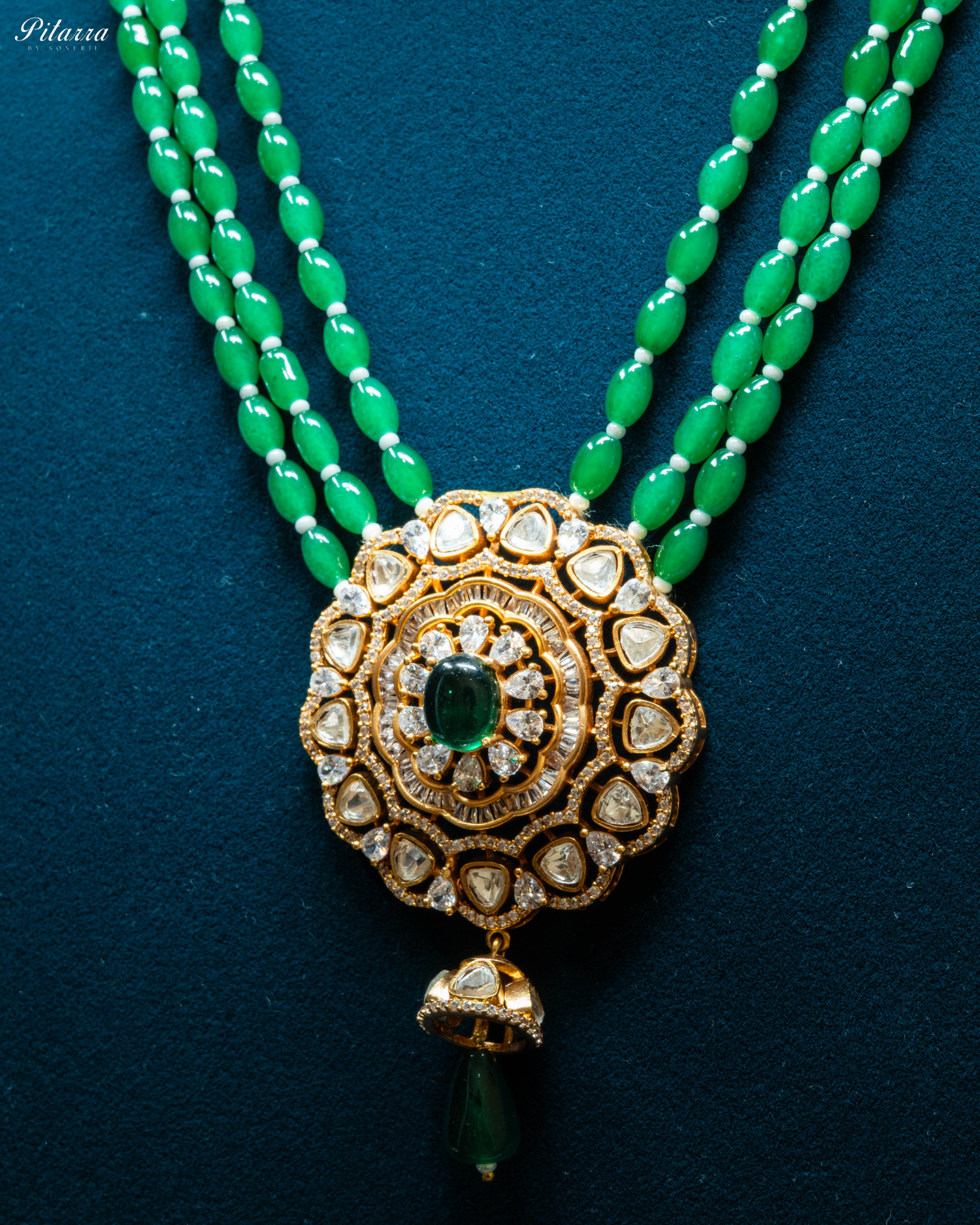 Green Multi Layered Beads Long Kundan Necklace_Zoom Angle