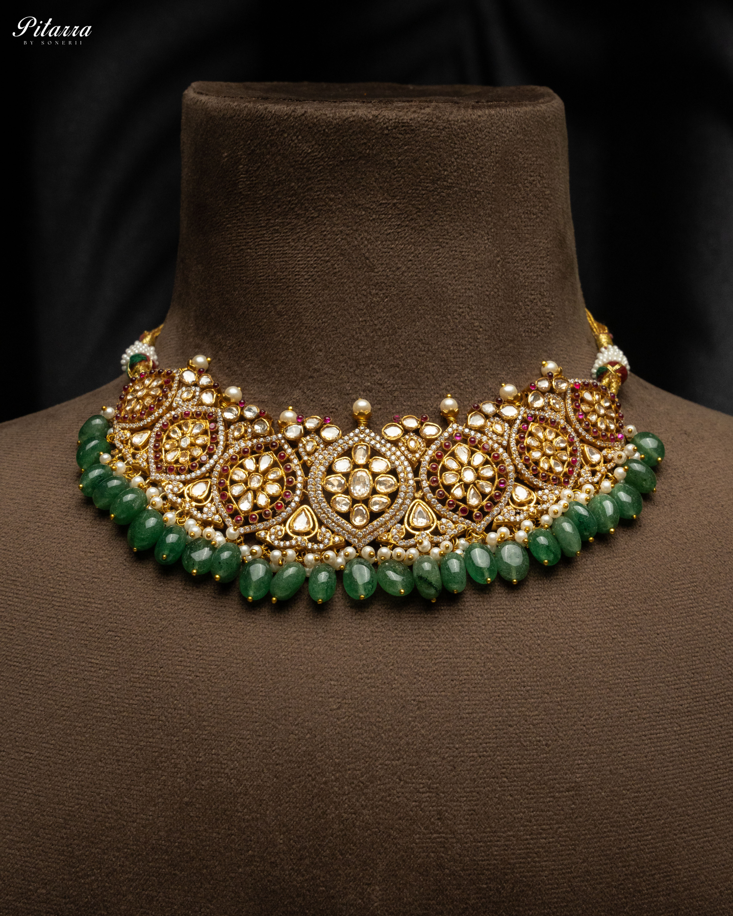 Green Pearl Gold Jadau Traditional Kundan Necklace Set