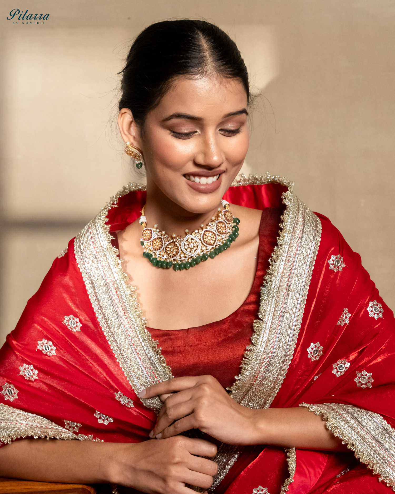 Green Pearl Gold Jadau Traditional Kundan Necklace Set Model Shoot