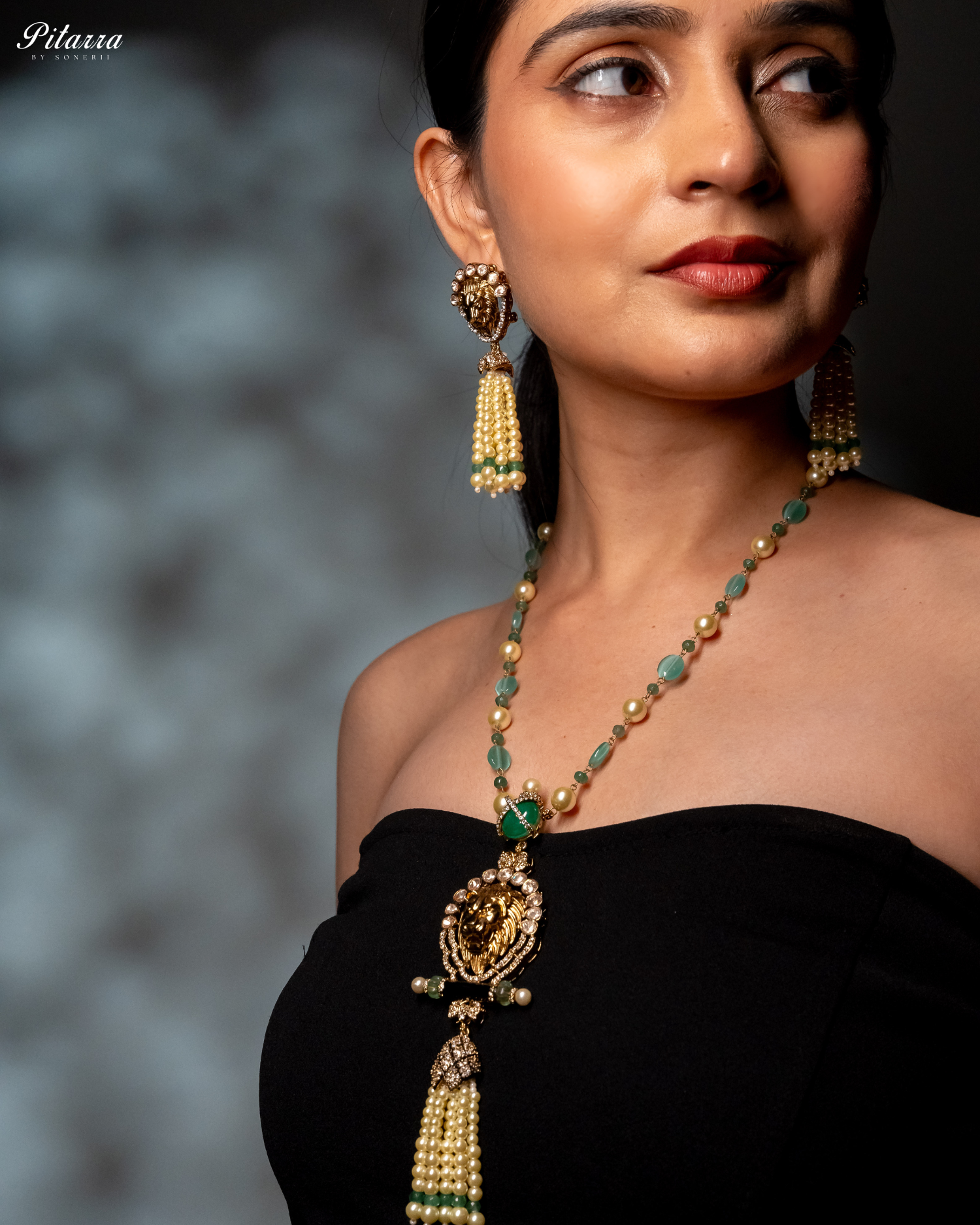 Green Polki Kundan Pendant Necklace Set-Model Shoot