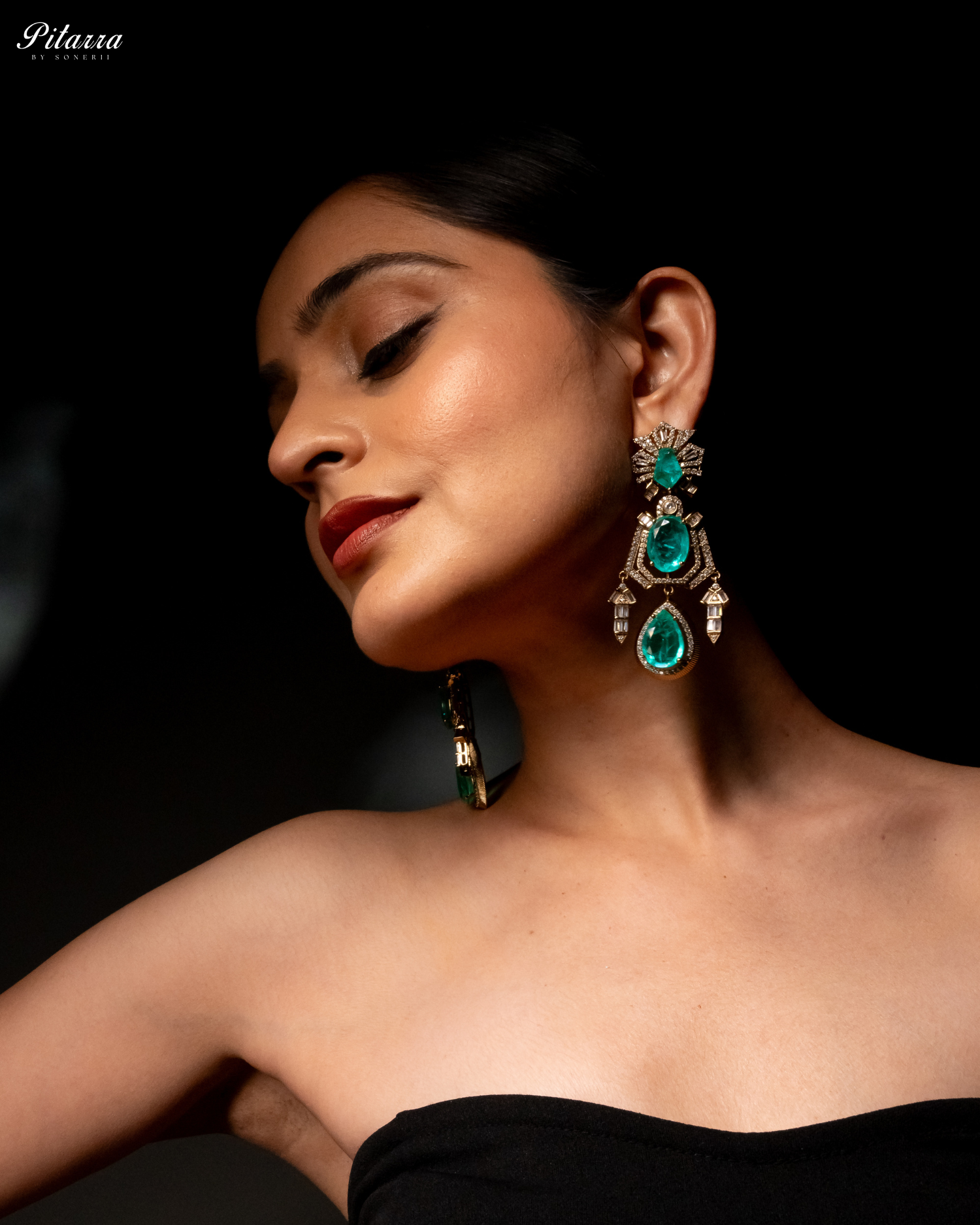 Green Silver Doublet Crystal Dangle Earrings Model Shoot