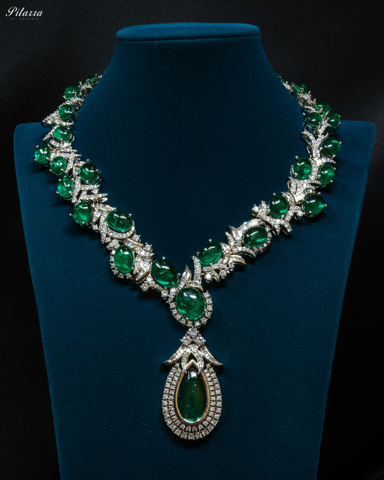 Green Statement Silver CZ Necklace Set_Front Image