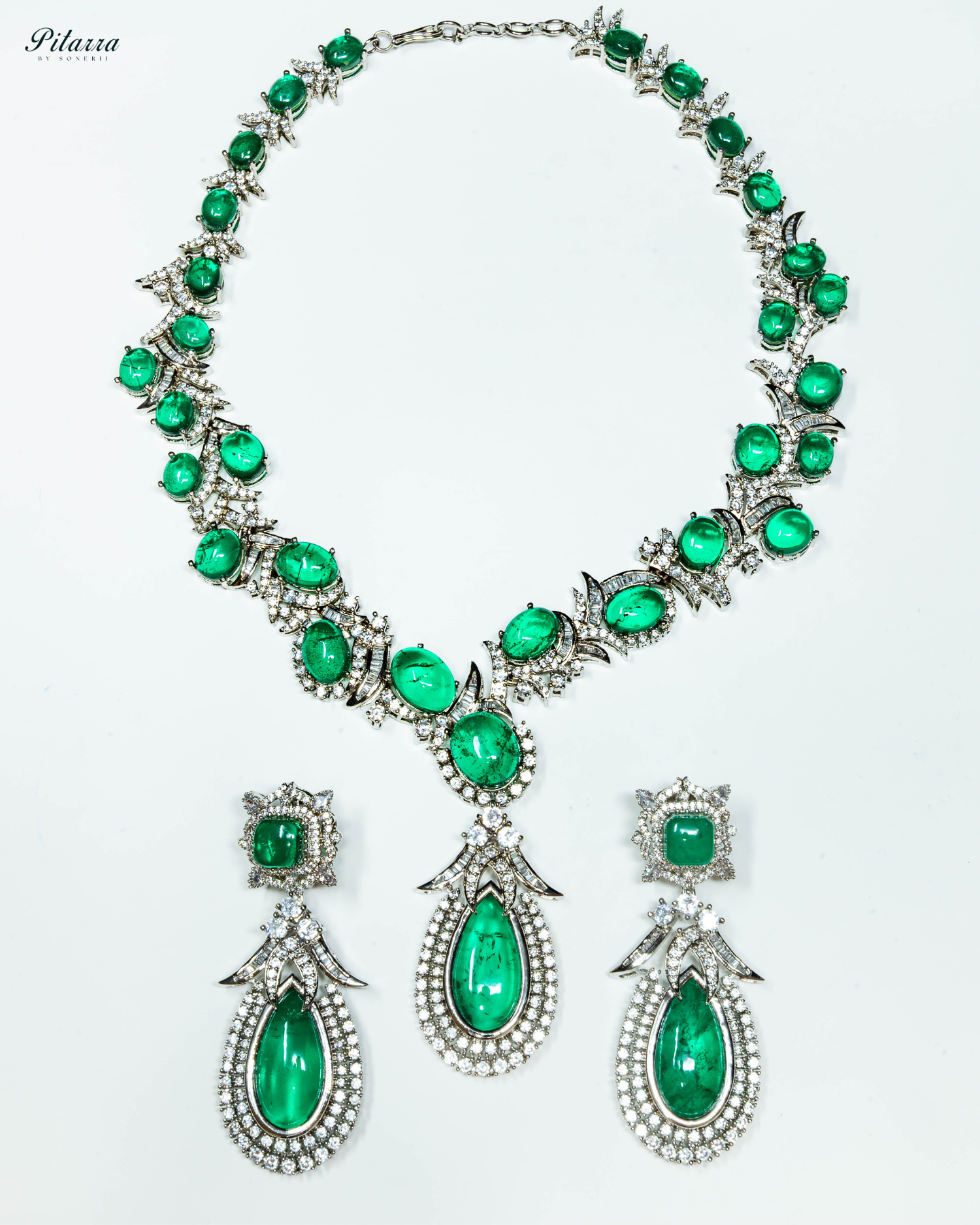 Green Statement Silver CZ Necklace Set_White Background