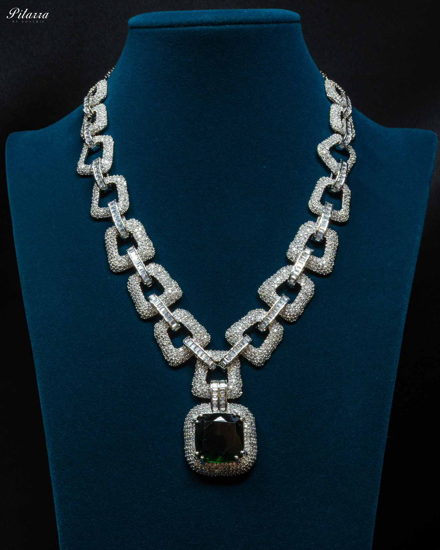 Green Stone Cubic Zirconia Chain Necklace Set_Front Image