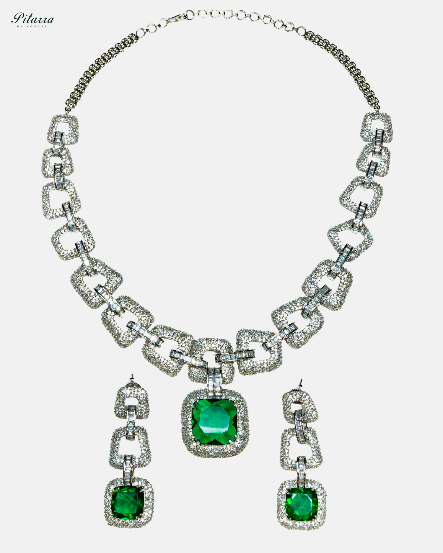 Green Stone Cubic Zirconia Chain Necklace Set_White Background