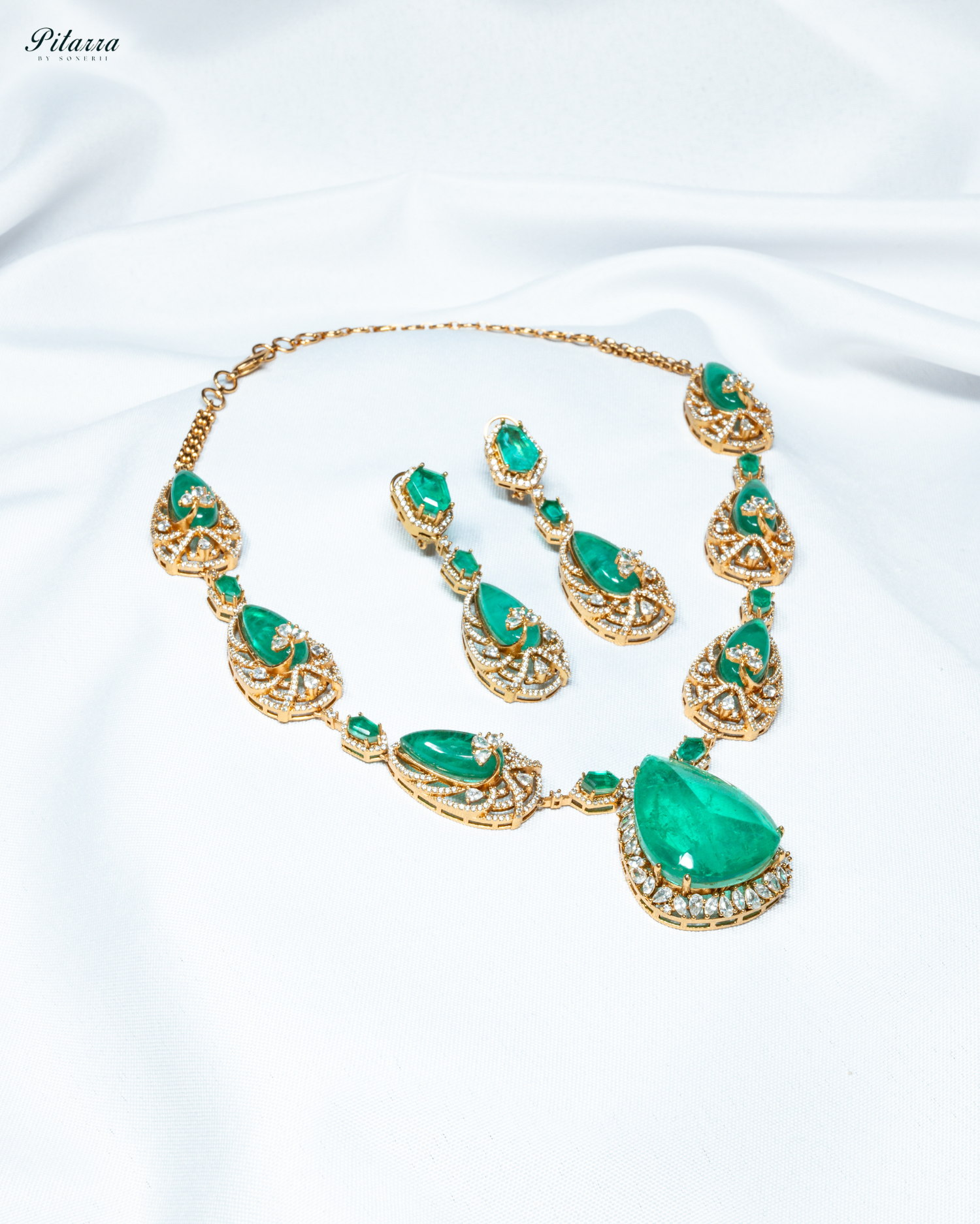 Green Stone Doublet Stone with CZ Necklace Set_White Background