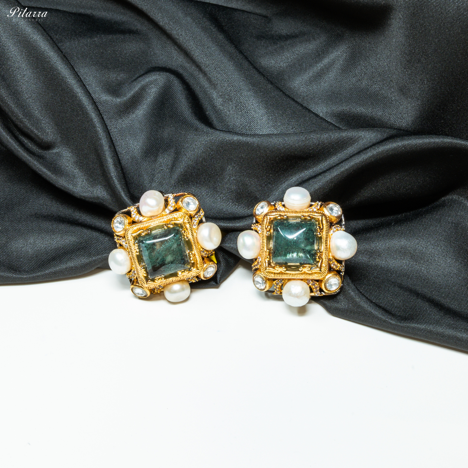 Green Stone Pearl Kundan Stud Earrings_Side Angle