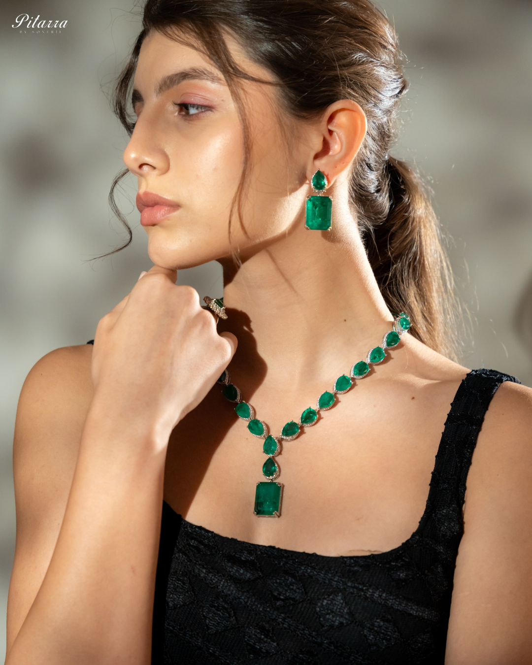 Green Stone Zirconia Necklace Set_Side Pose