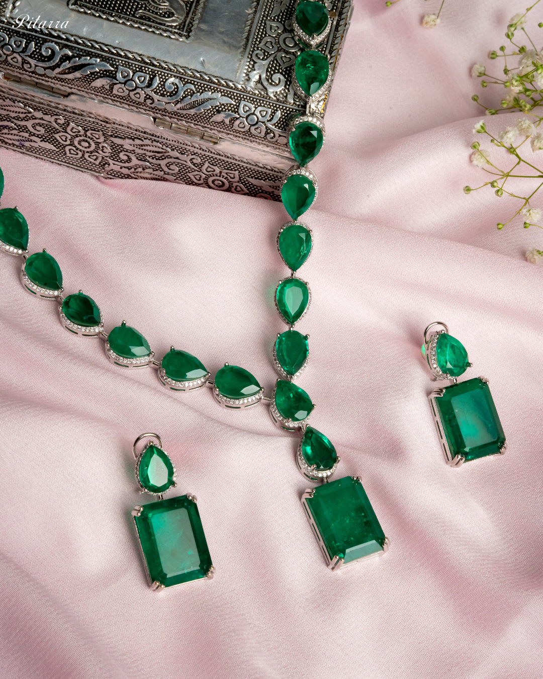 Green Stone Zirconia Necklace Set_White Background