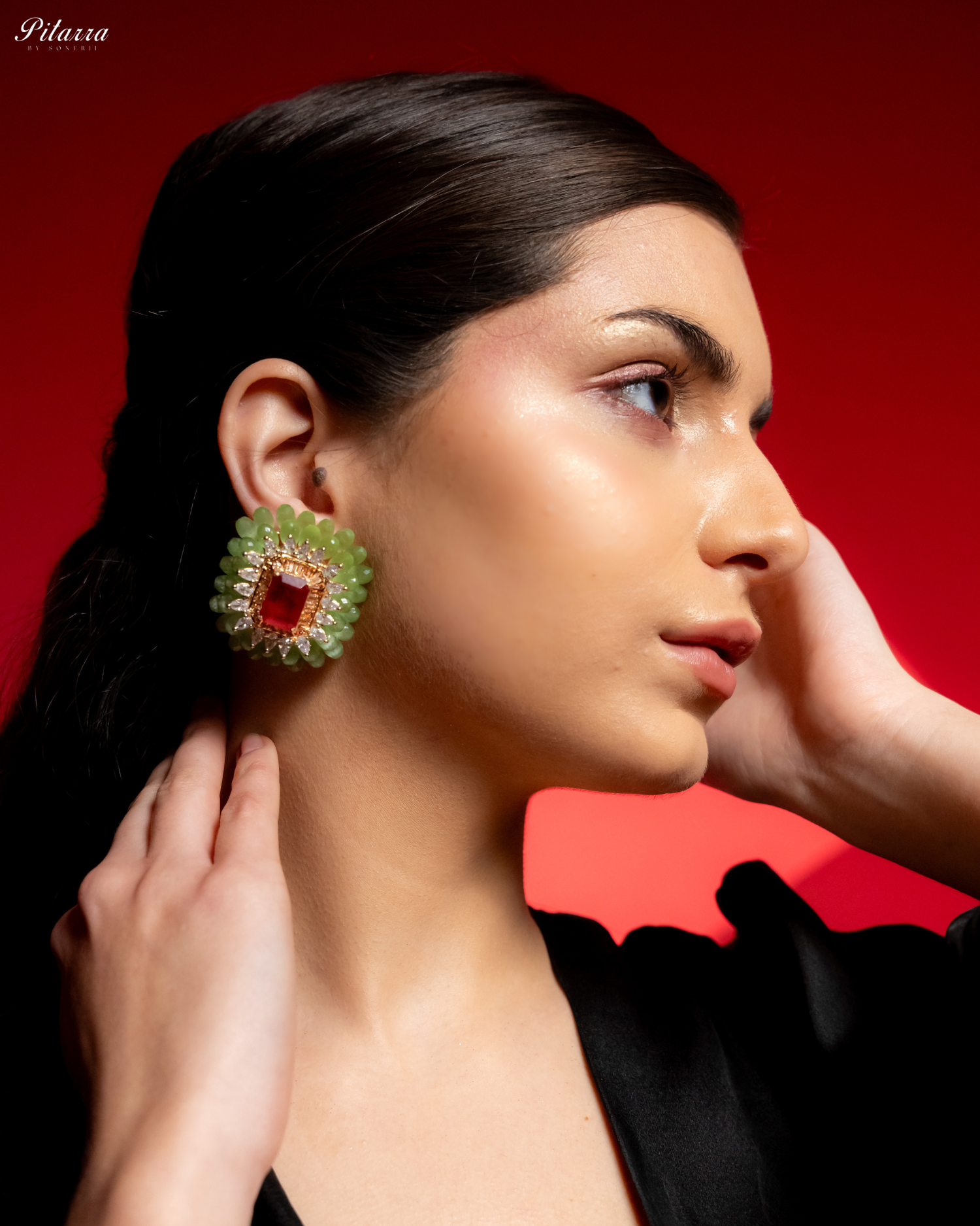 Green and Red Emerald Studs Earrings_Side Angle