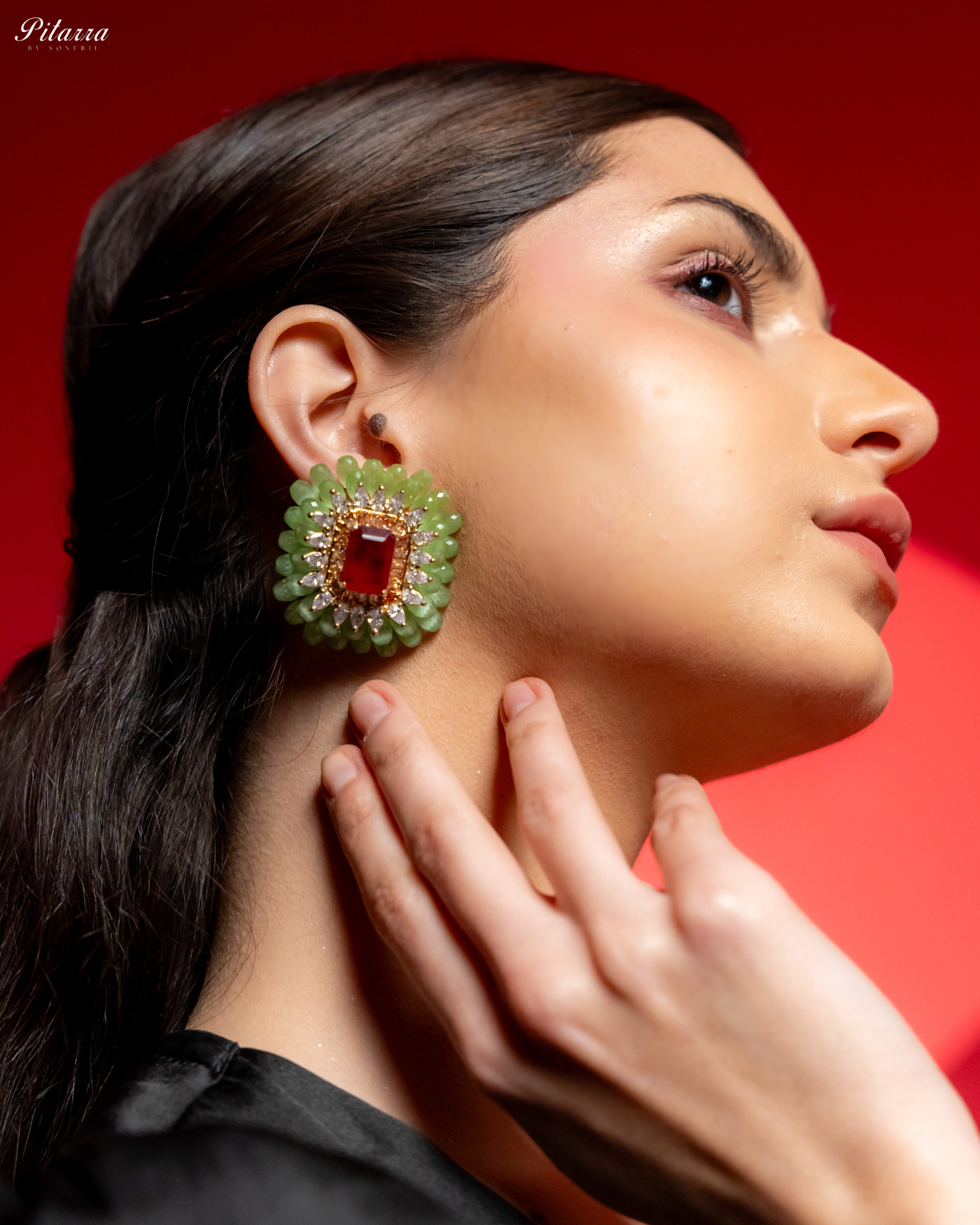 Green and Red Emerald Studs Earrings_Side Image