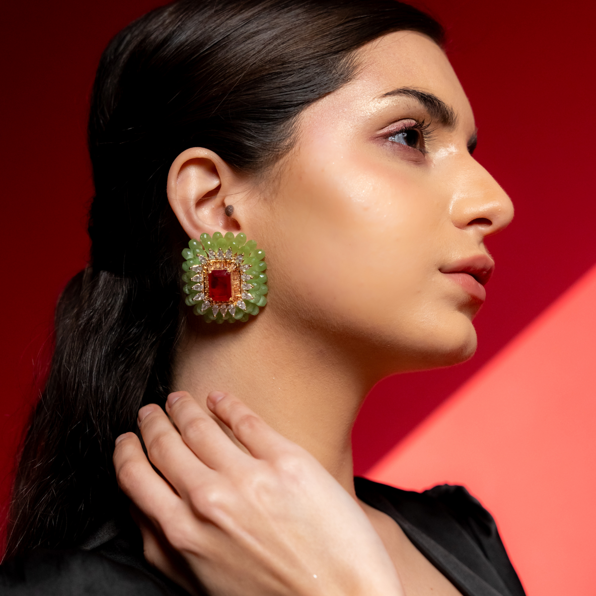 Green and Red Emerald Studs Earrings - Main Image