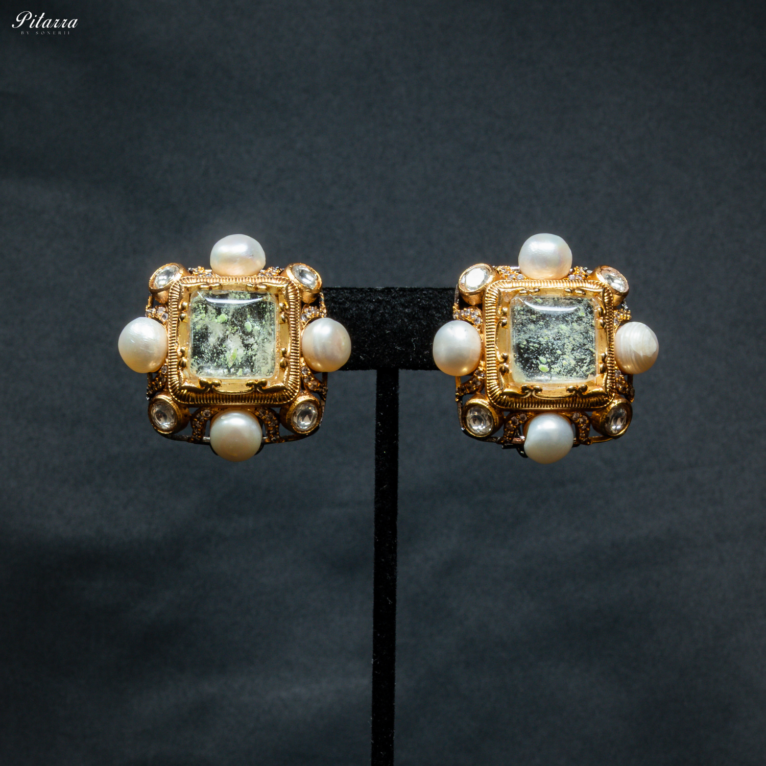 Greenish Stone Pearl Kundan Stud Earrings