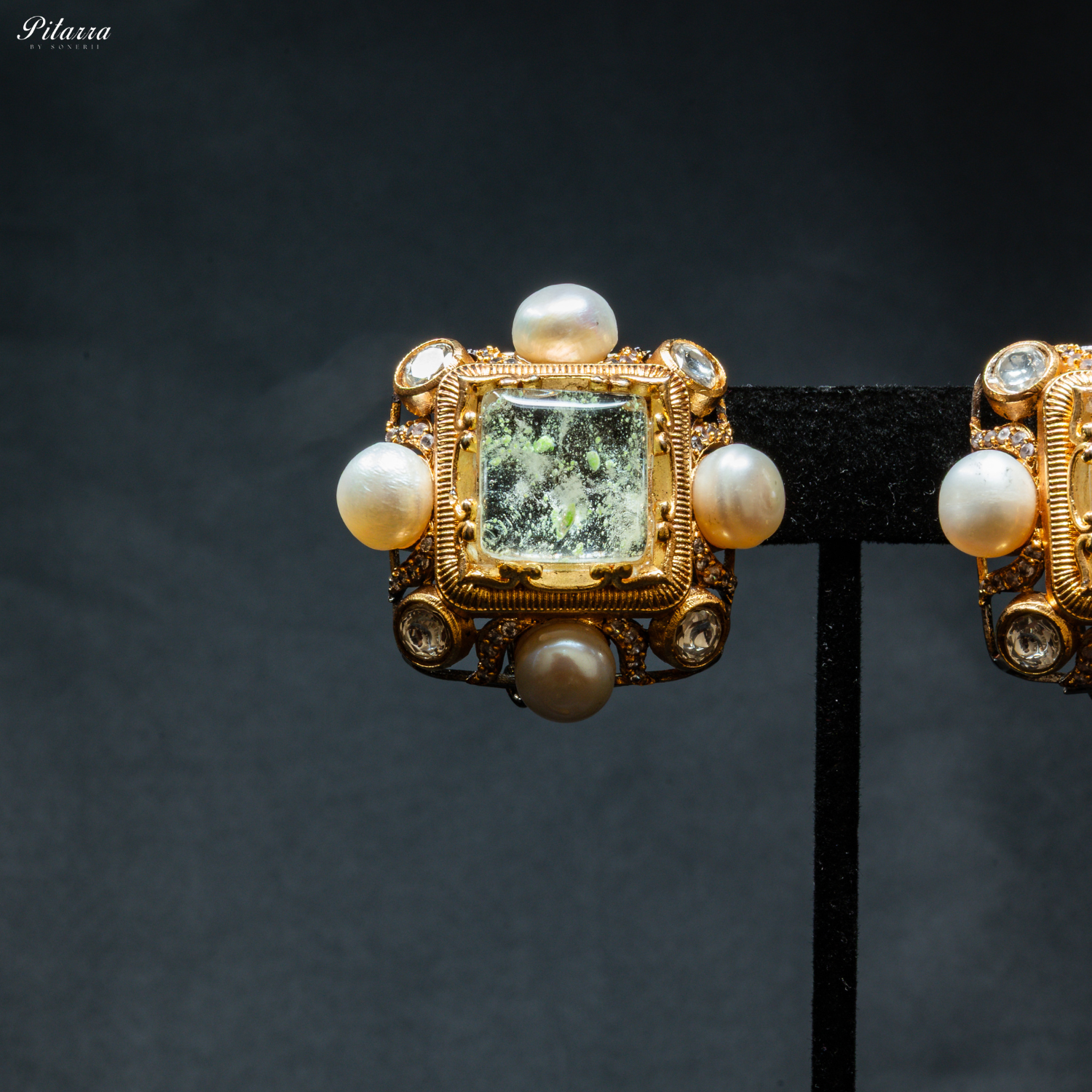 Greenish Stone Pearl Kundan Stud Earrings