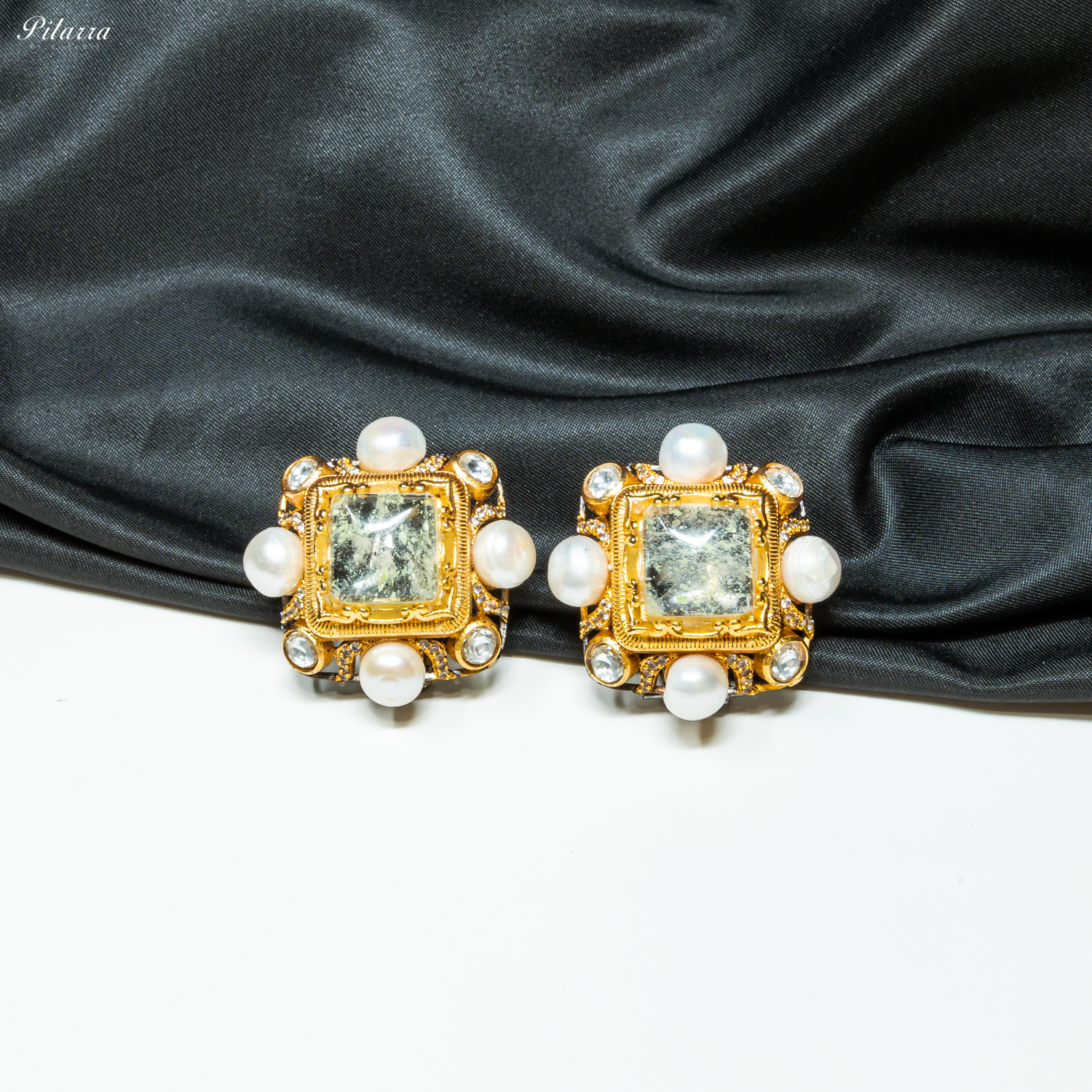 Greenish Stone Pearl Kundan Stud Earrings