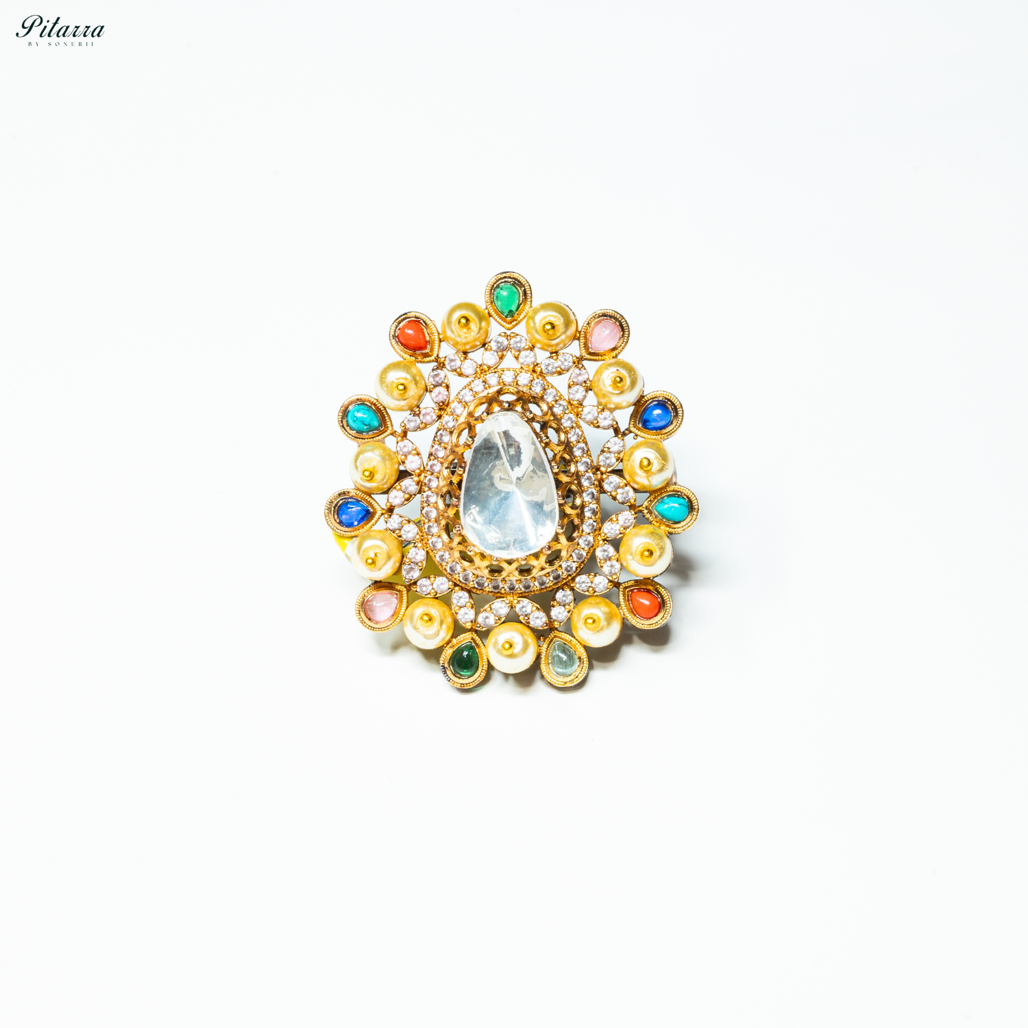 Grey Crystal Golden Kundan Multi Colored Ring
