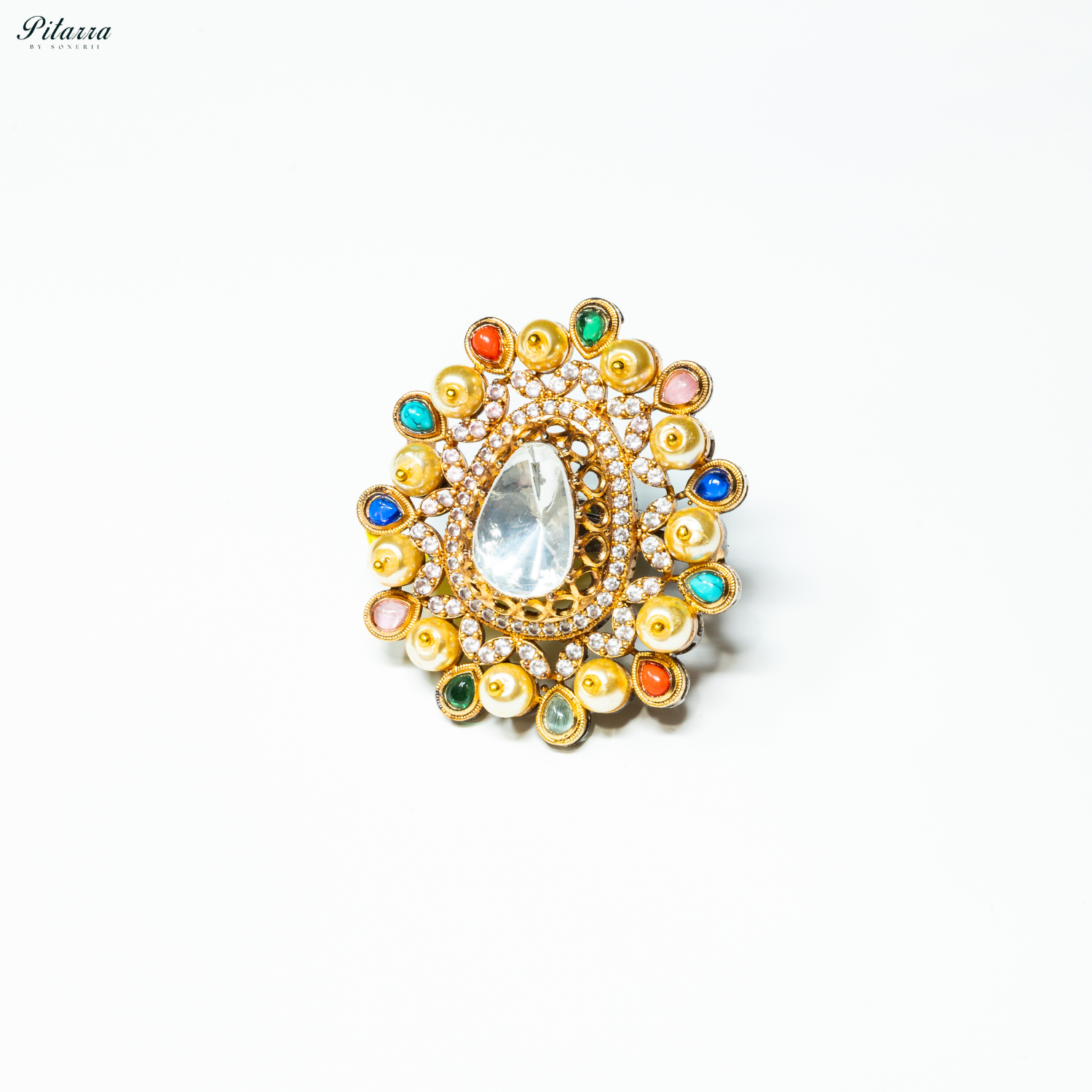 Grey Crystal Golden Kundan Multi Colored Ring