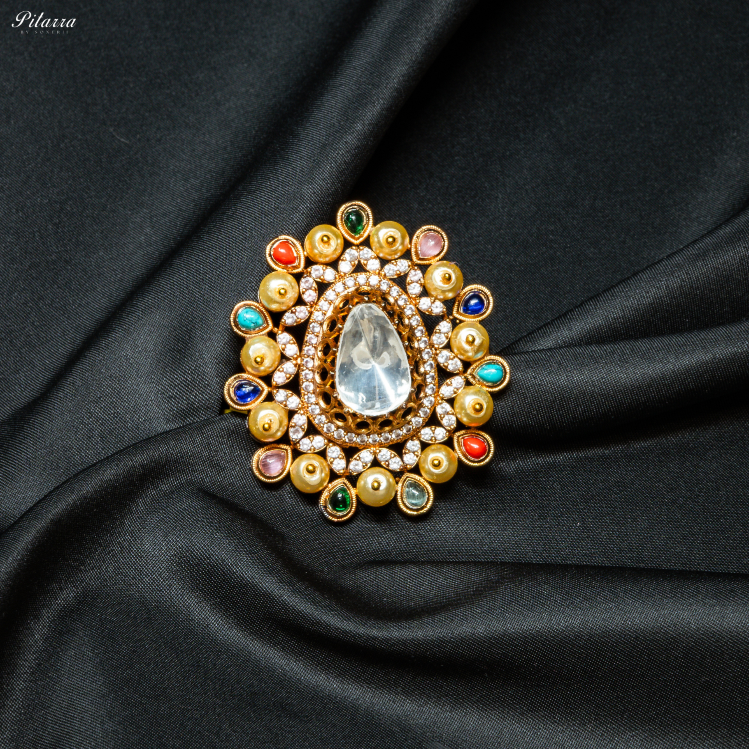 Grey Crystal Golden Kundan Multi Colored Ring