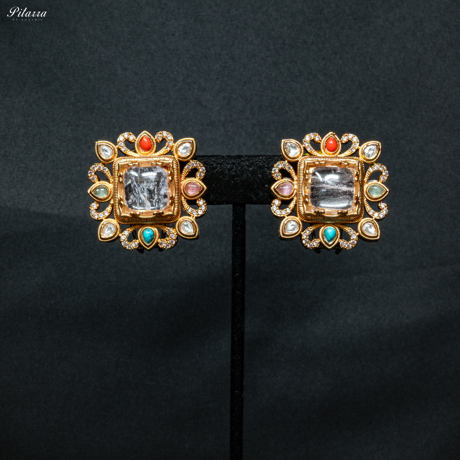 Grey Stone Golden Kundan Stud Earrings