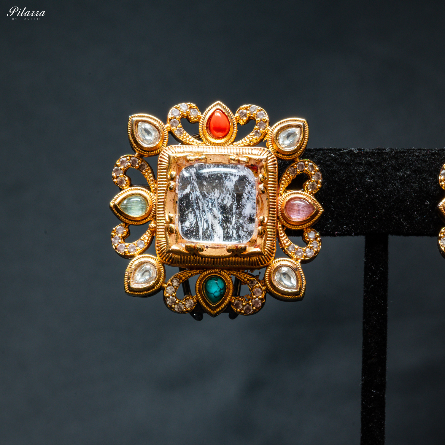 Grey Stone Golden Kundan Stud Earrings