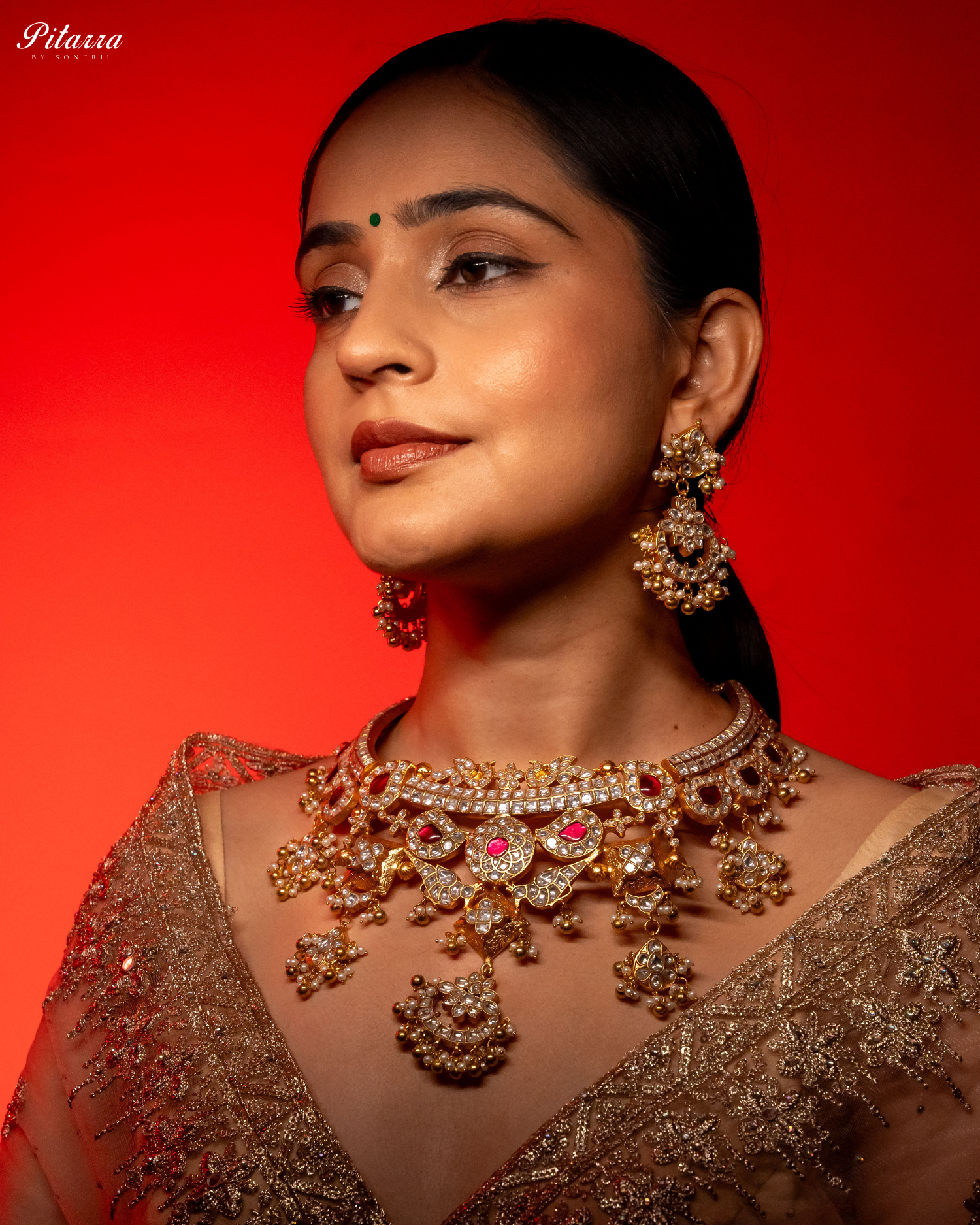 Heavy Golden Polki Traditional Kundan Necklace Set Model Shoot