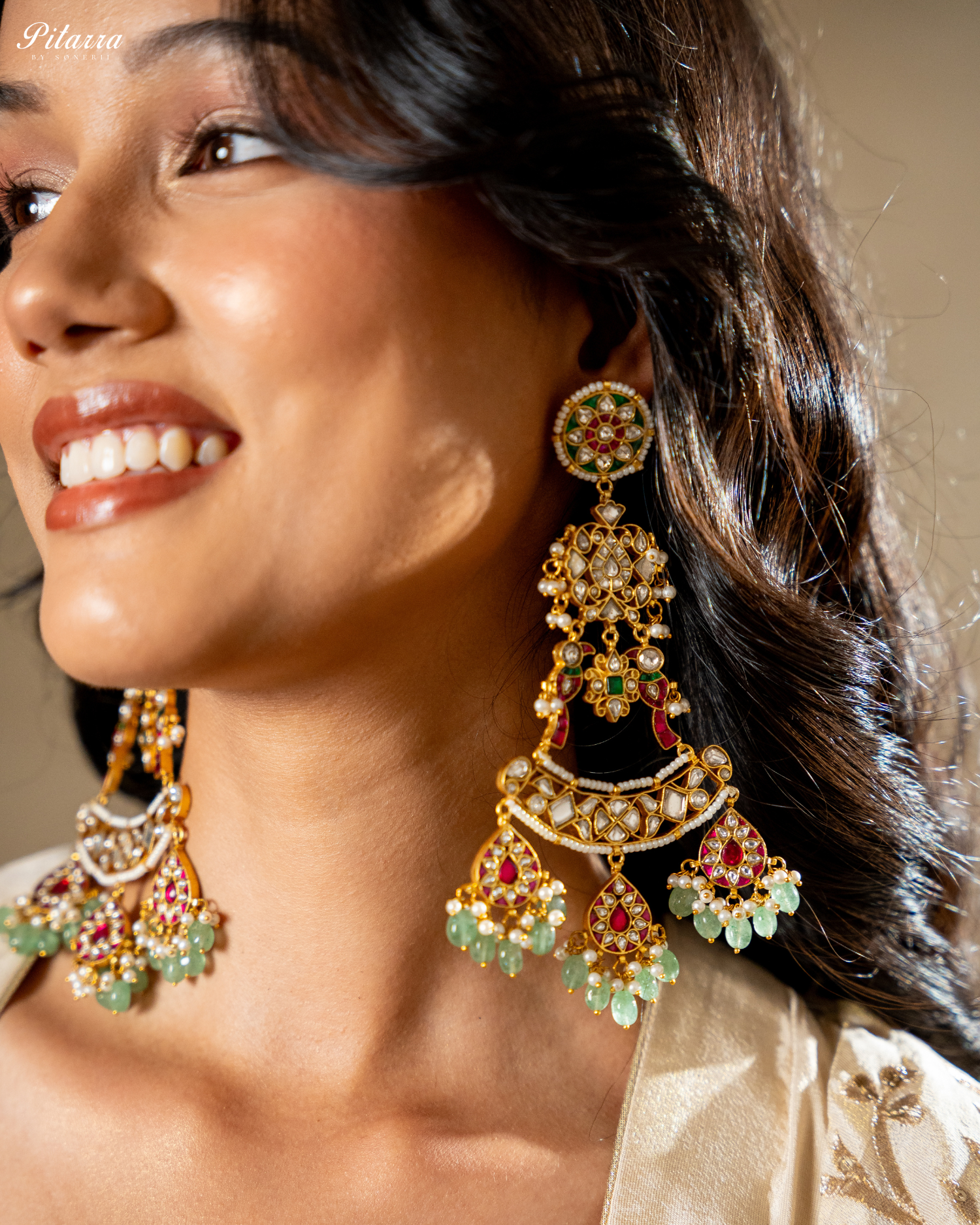 Long Green Jadau Traditional Kundan Earrings Model Shoot