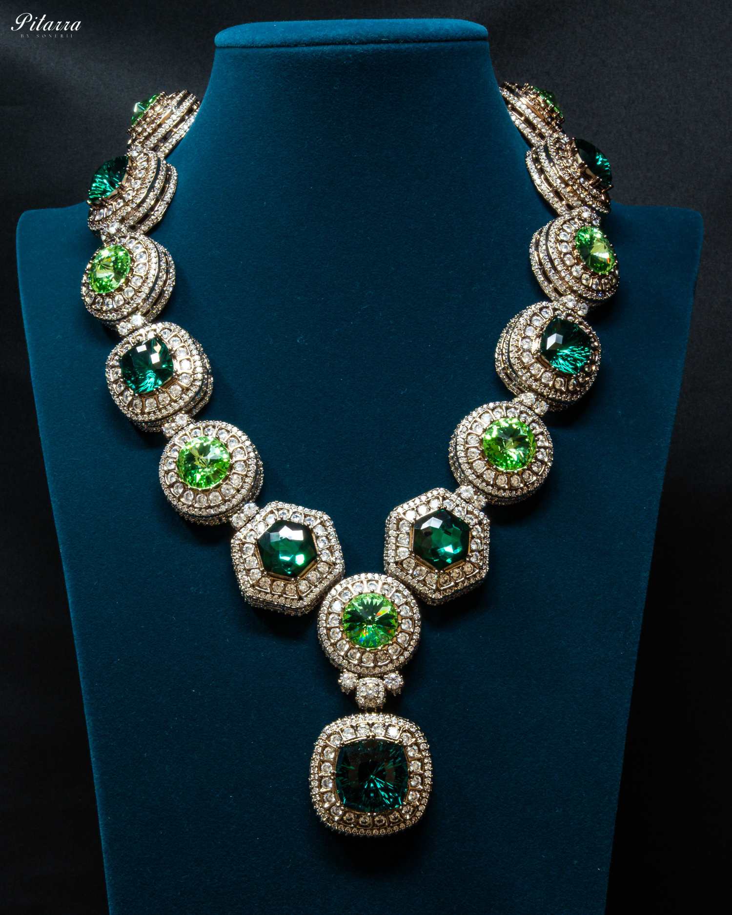 Long Green Stone Cubic Zirconia Necklace Set_Front Image
