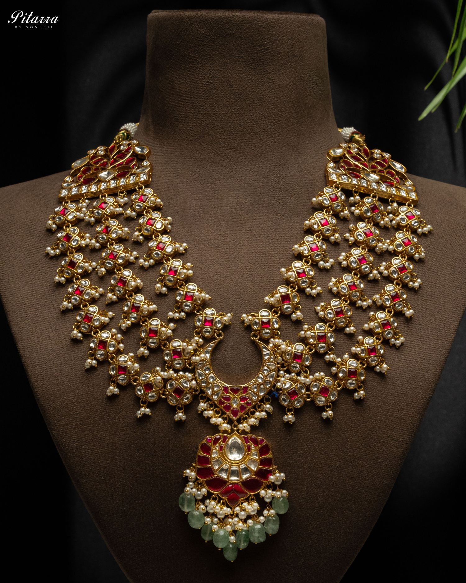Long Traditional Kundan Necklace With Green Pearl