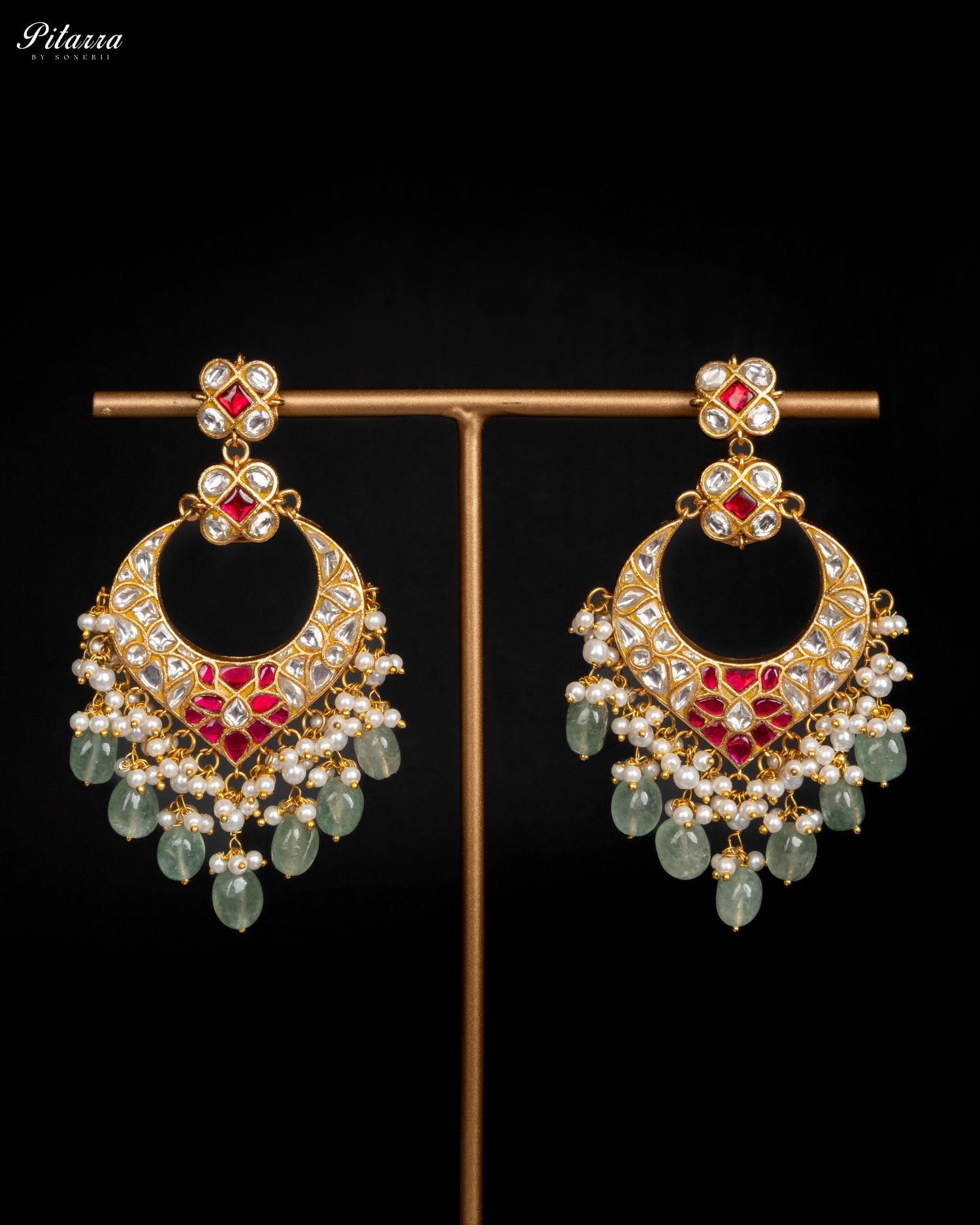 Long Traditional Kundan Necklace With Green Pearl Earrings