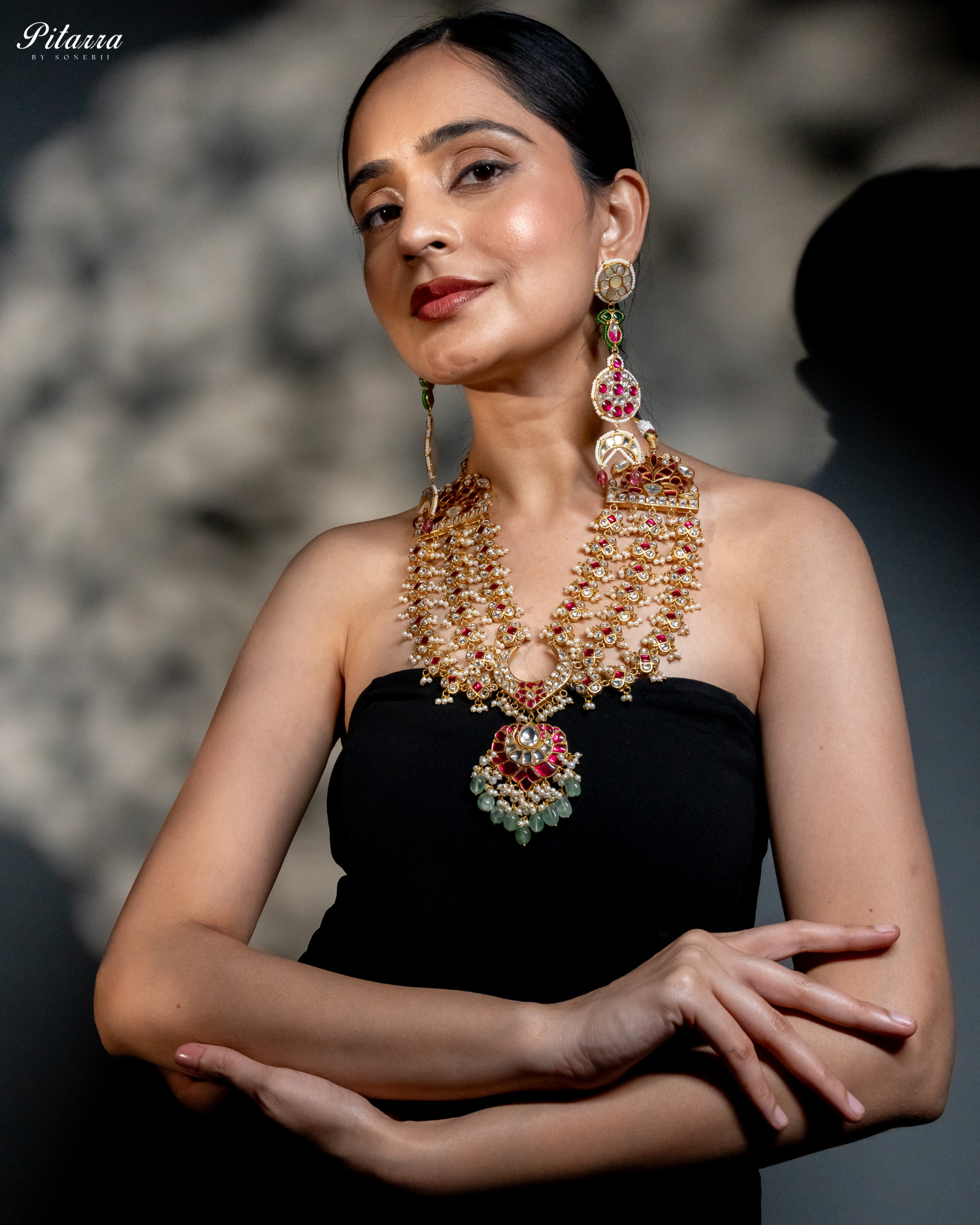 Long Traditional Kundan Necklace With Green Pearl Full Model
