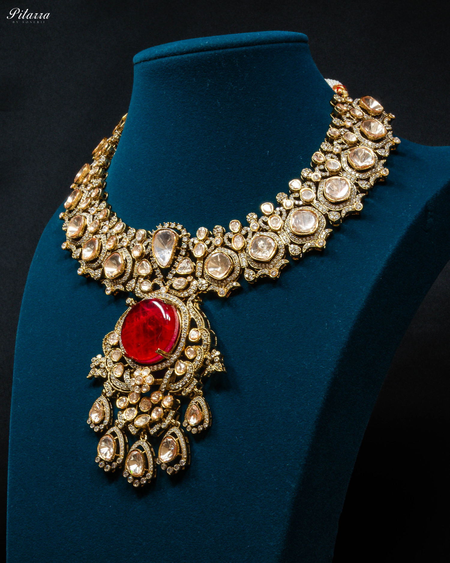 Maroon Stone Victorian Kundan Necklace Set_Side Angle