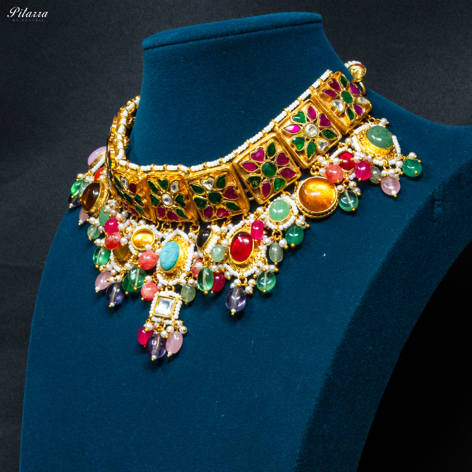 Multicolor Stone Studded Golden Choker Set