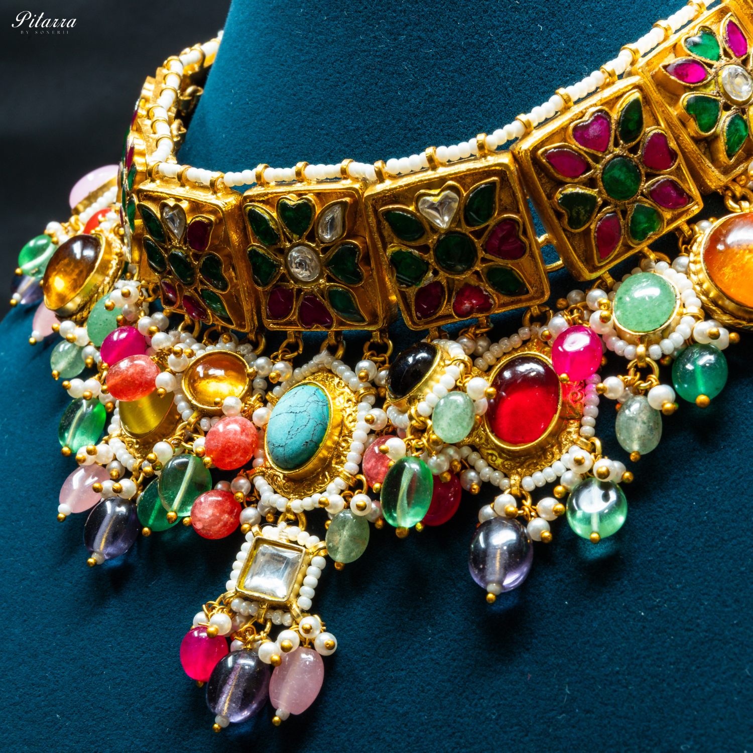 Multicolor Stone Studded Golden Choker Set