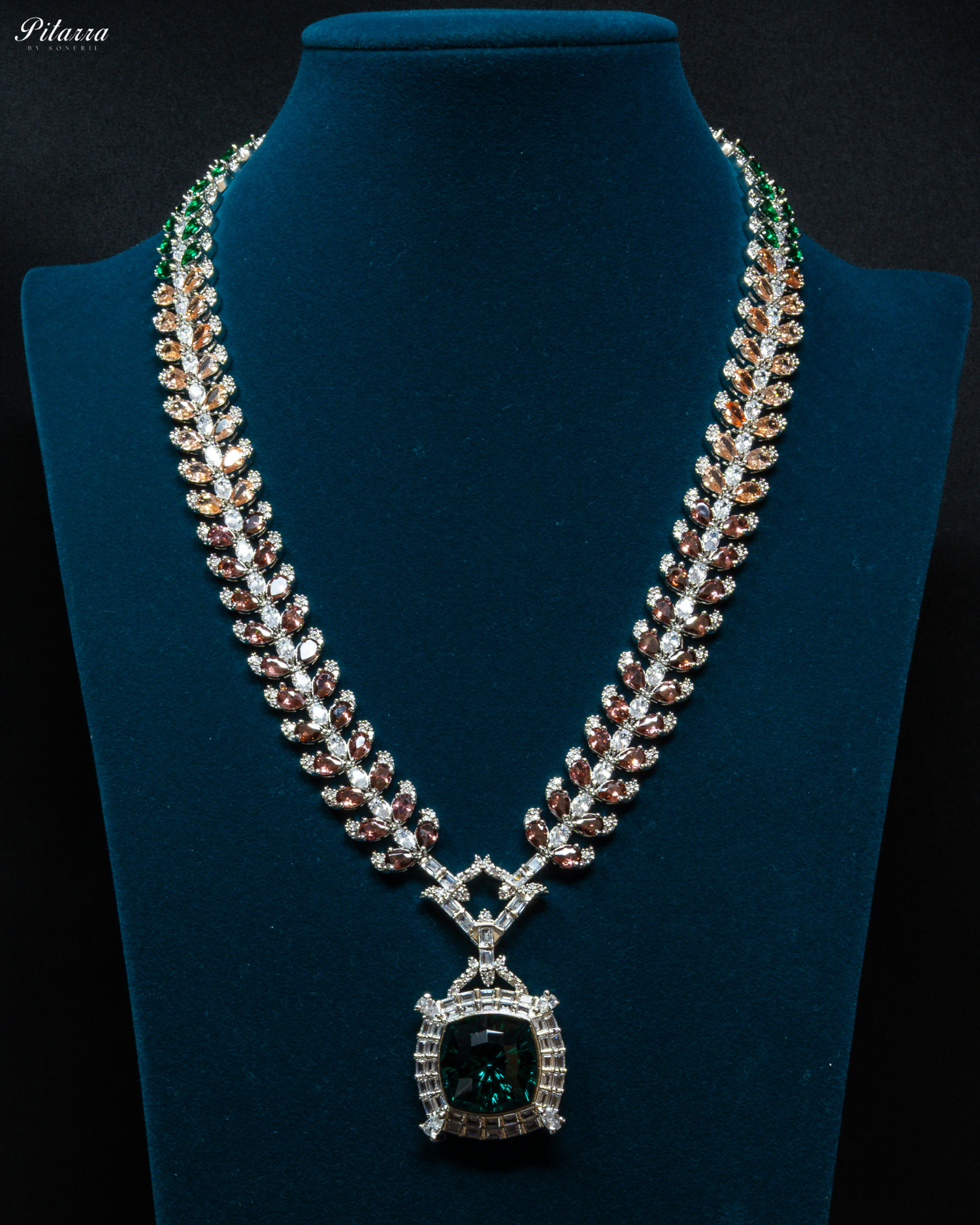 Multicolor Finish Green Stone Zircon Long Necklace Set_Front Image