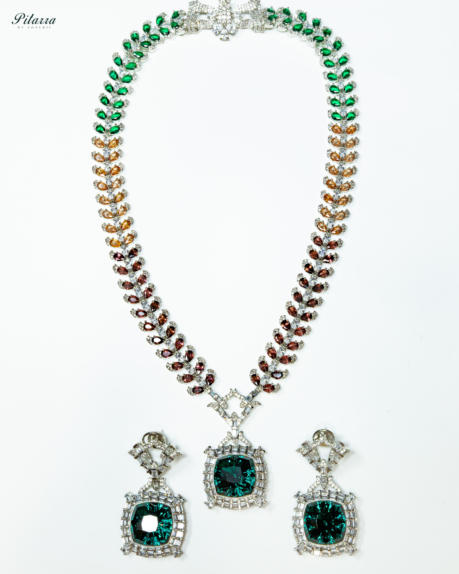 Multicolor Finish Green Stone Zircon Long Necklace Set_White Background