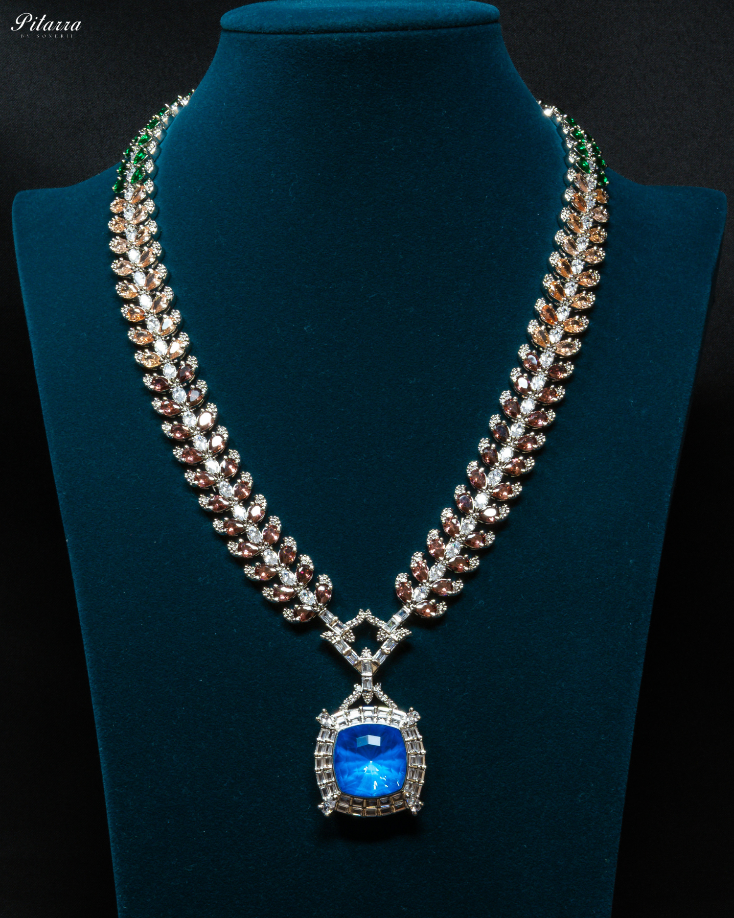 Multicolor Finish Ocean Blue Stone Zircon Long Necklace Set_Front Image