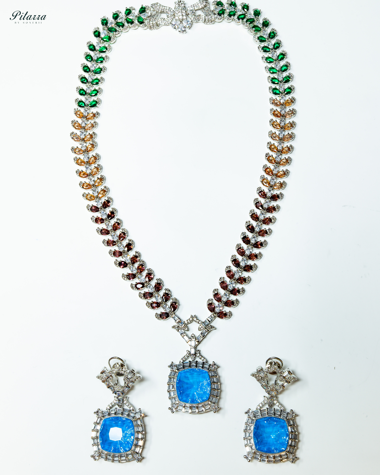 Multicolor Finish Ocean Blue Stone Zircon Long Necklace Set_White Background