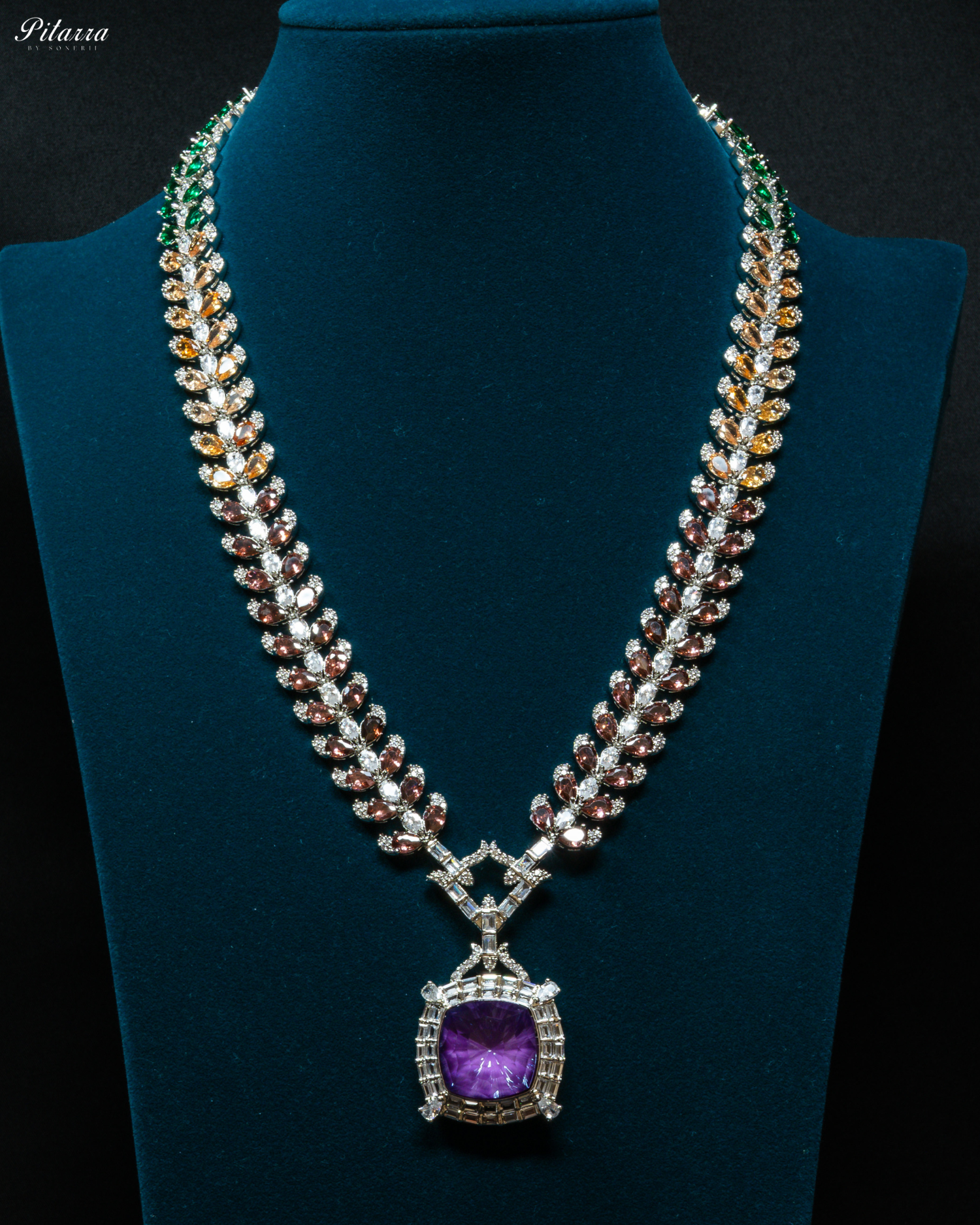 Multicolor Finish Purple Stone Zircon Long Necklace Set_Front Image
